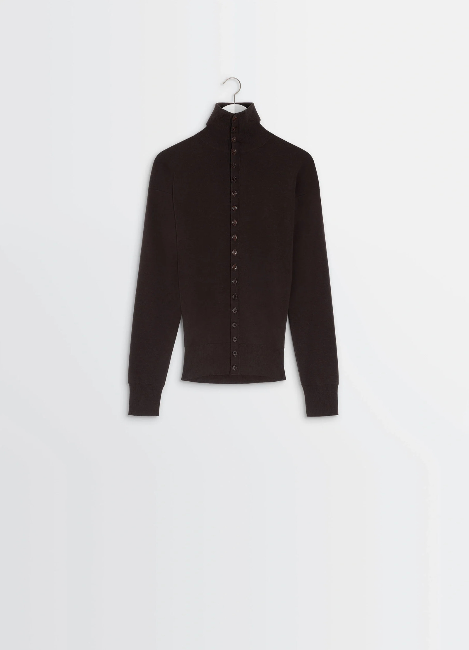Lemaire buttoned fitted cardigan in brown mercerized wool, product shot, hanger view high neck buttoned style