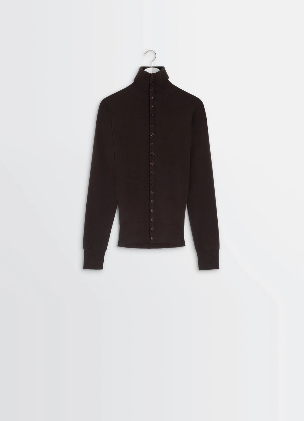 Lemaire Buttoned Fitted Cardigan in Brown Mercerized Wool, product shot, hanger view high neck buttoned style