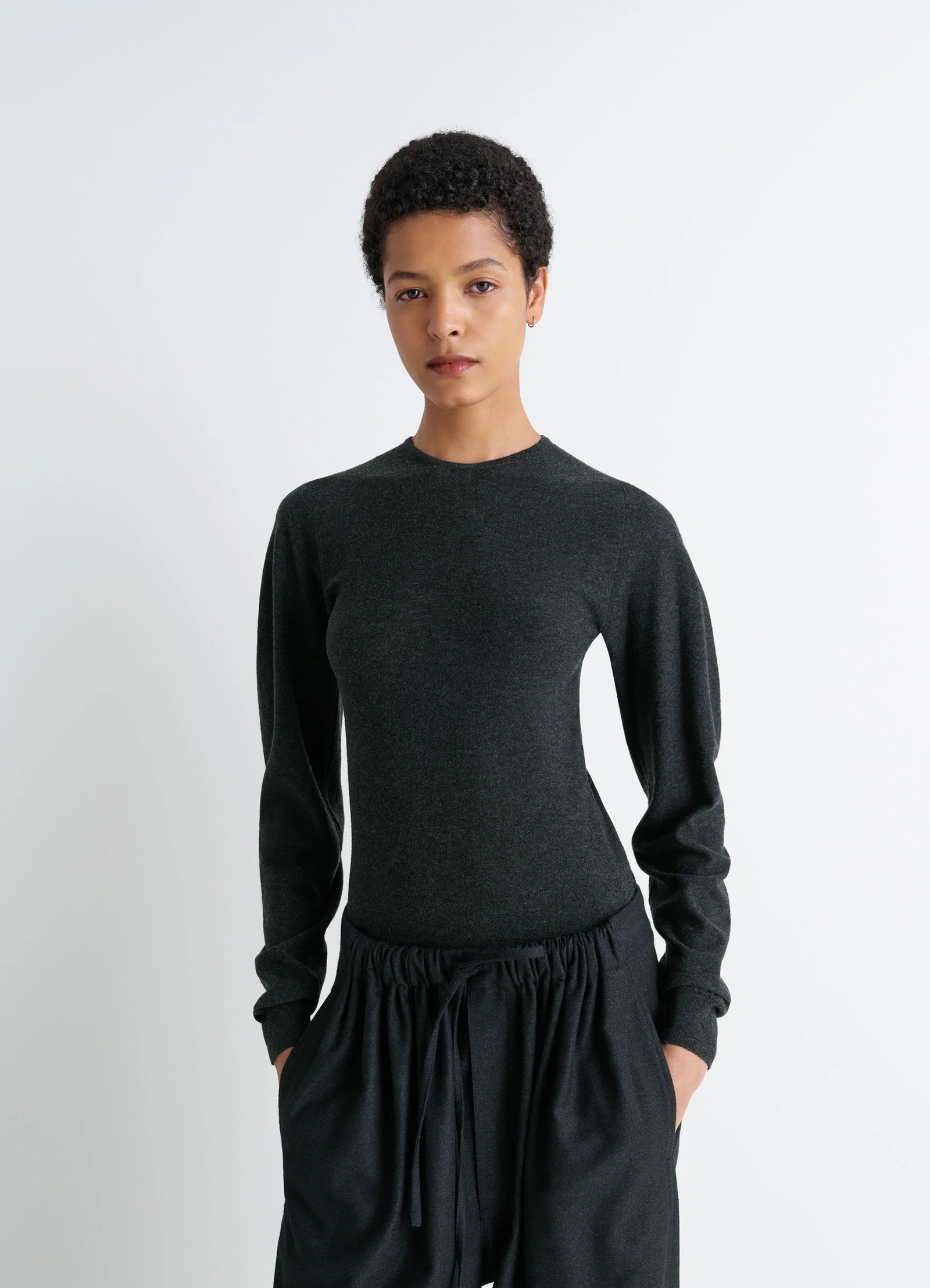 Lemaire crew neck sweater in lightly mercerized wool, model shot, front view fitted cut