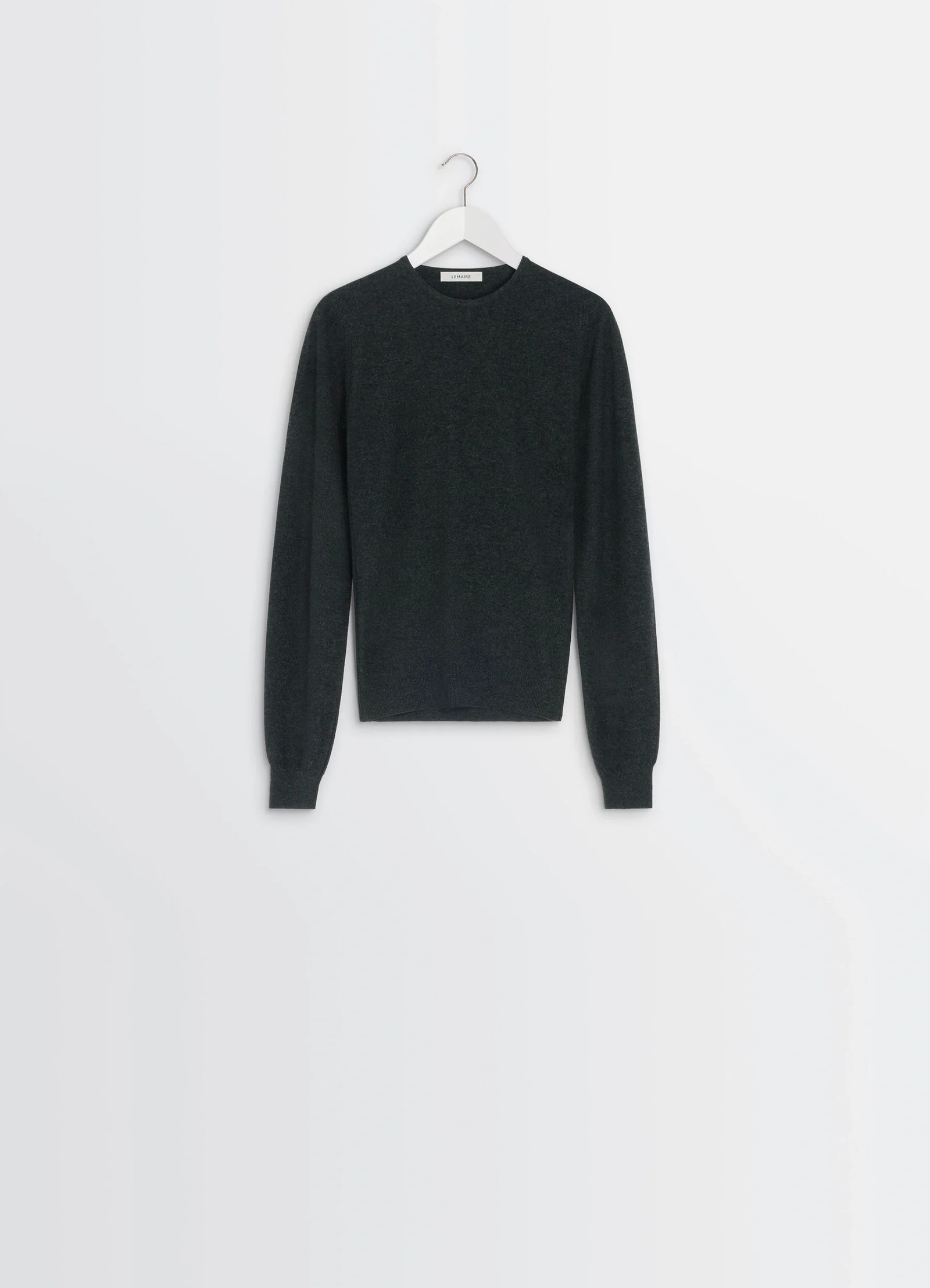 Lemaire crew neck sweater in lightly mercerized wool, product shot, back view ribbed neckline cuffs