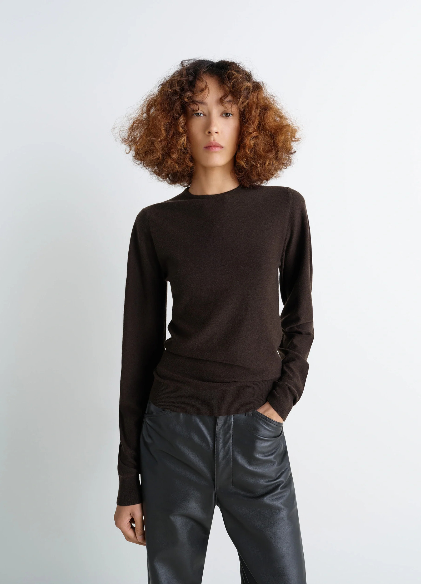 Lemaire crew neck sweater in lightly mercerized wool, model shot, front view fitted cut