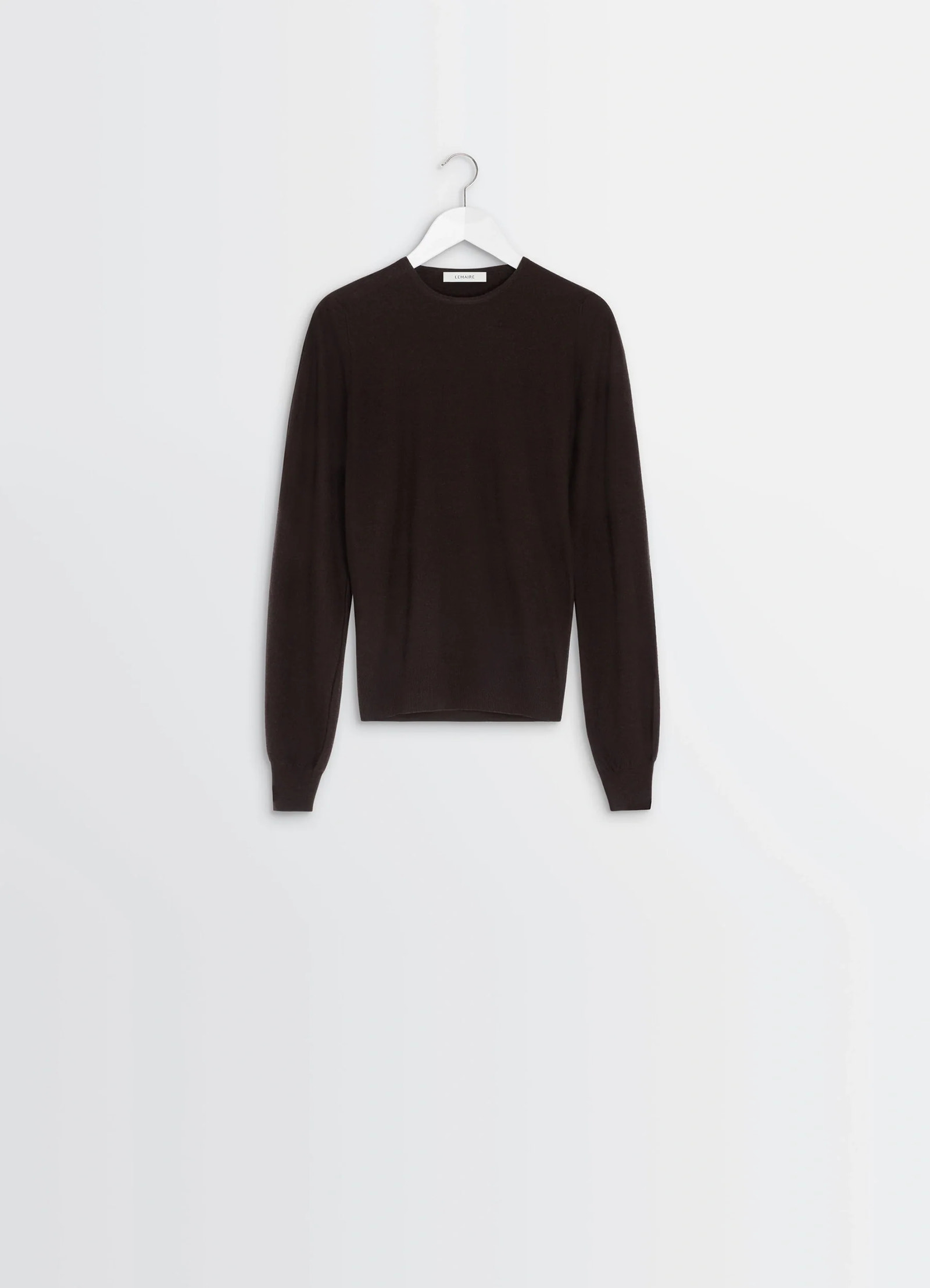Lemaire crew neck sweater in lightly mercerized wool, product shot, hanger shot dropped shoulders