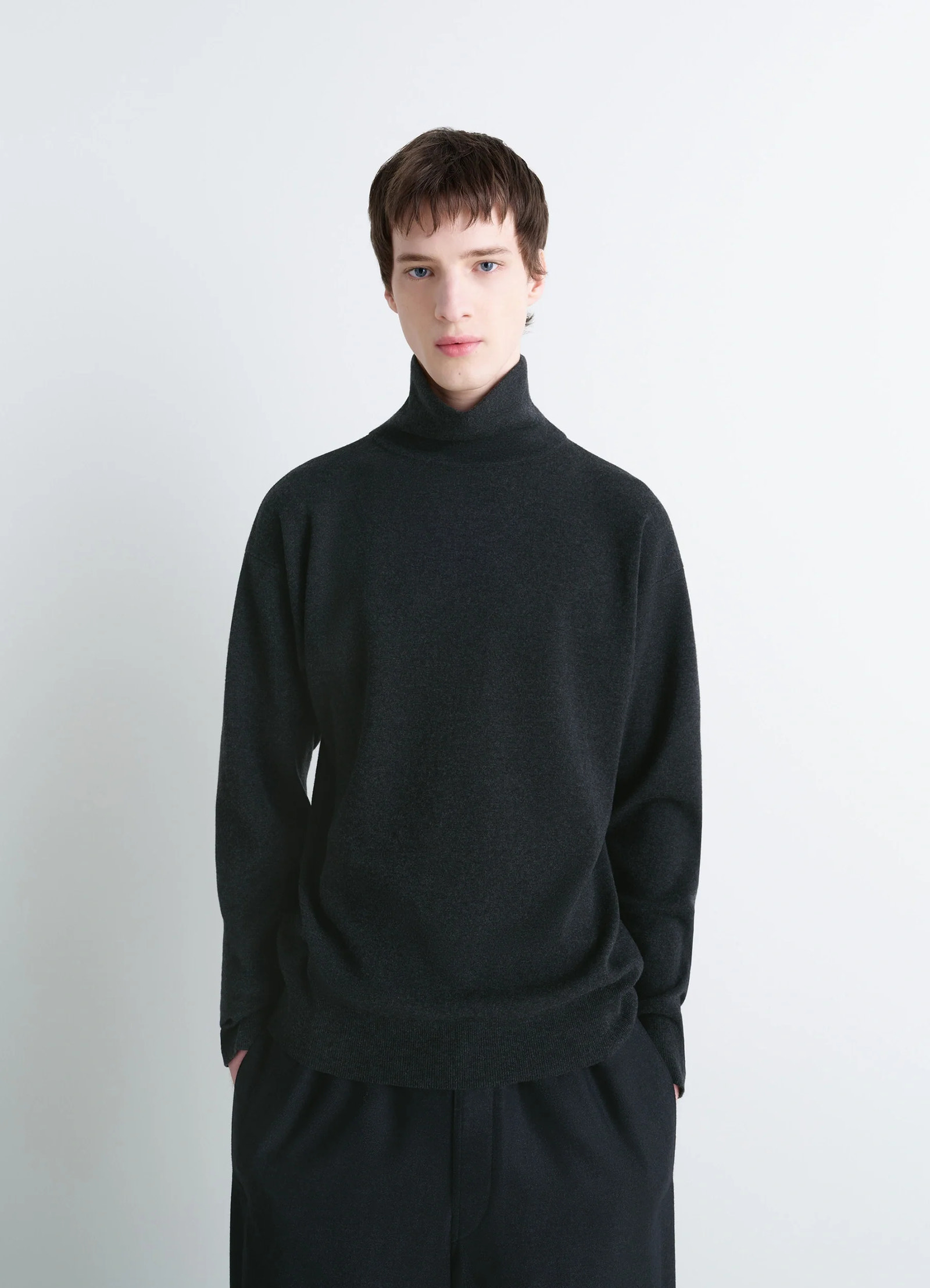 Lemaire high neck sweater in lightly mercerized wool, model shot, front view relaxed fit