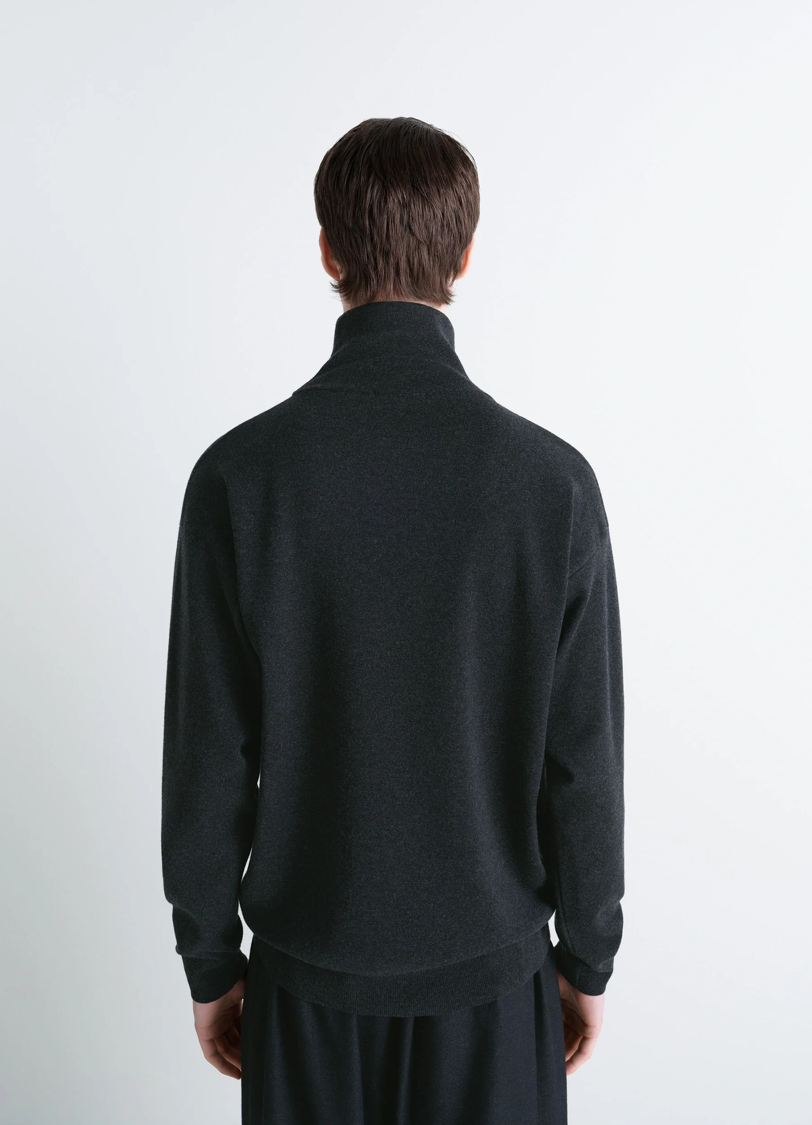 Lemaire high neck sweater in lightly mercerized wool, model shot, back view dropped shoulders