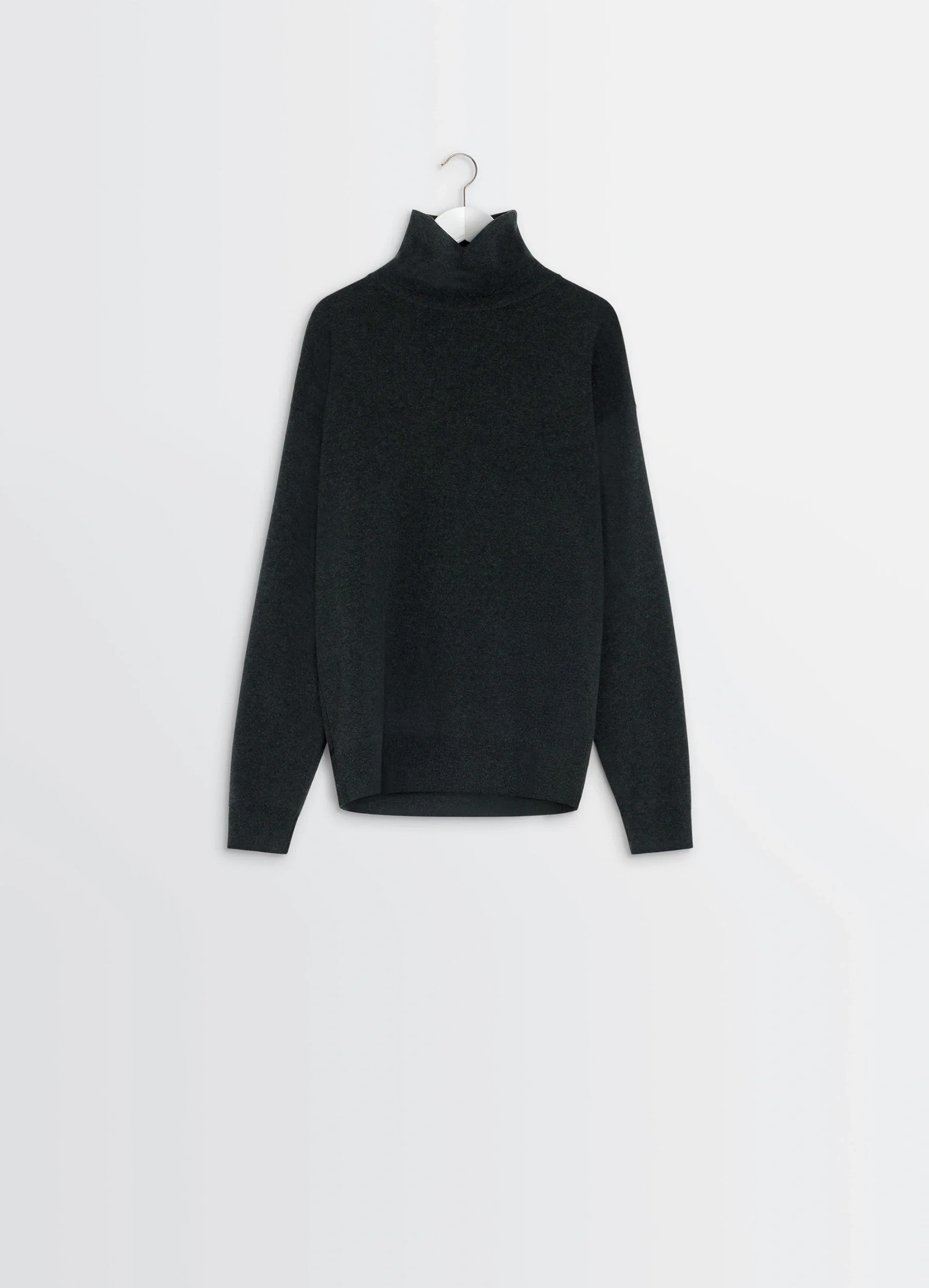 Lemaire high neck sweater in lightly mercerized wool, product shot, three-quarter view tapered hem, high neck