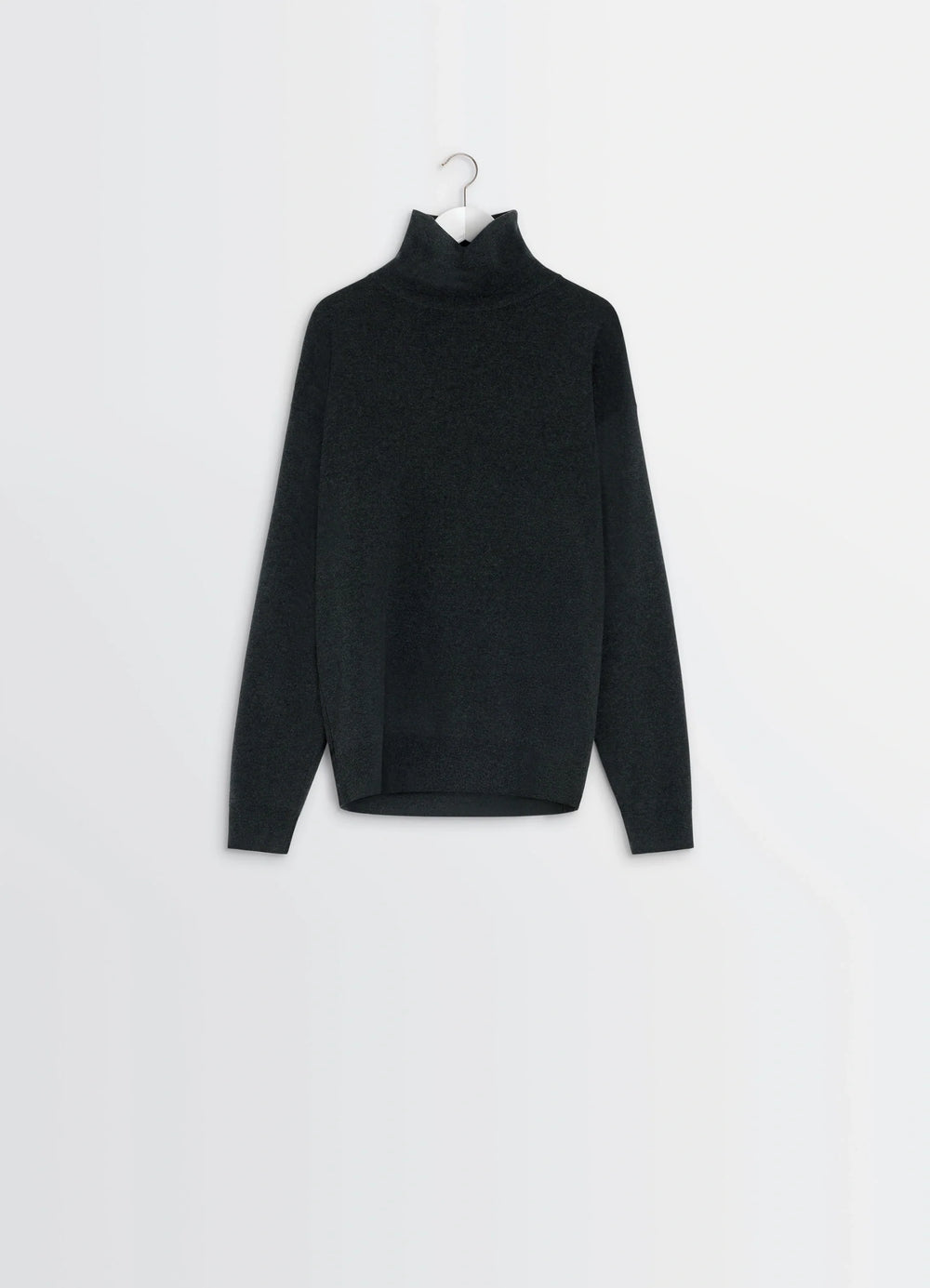 Lemaire High Neck Sweater in Lightly Mercerized Wool, product shot, three-quarter view tapered hem, high neck