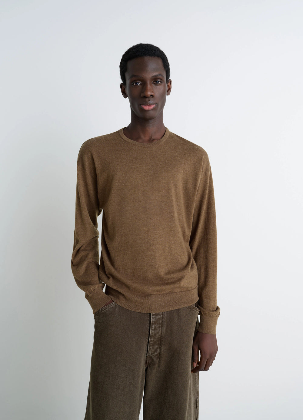 Lemaire Crew Neck Sweater in Lightly Mercerized Wool, model shot, front view fitted cut