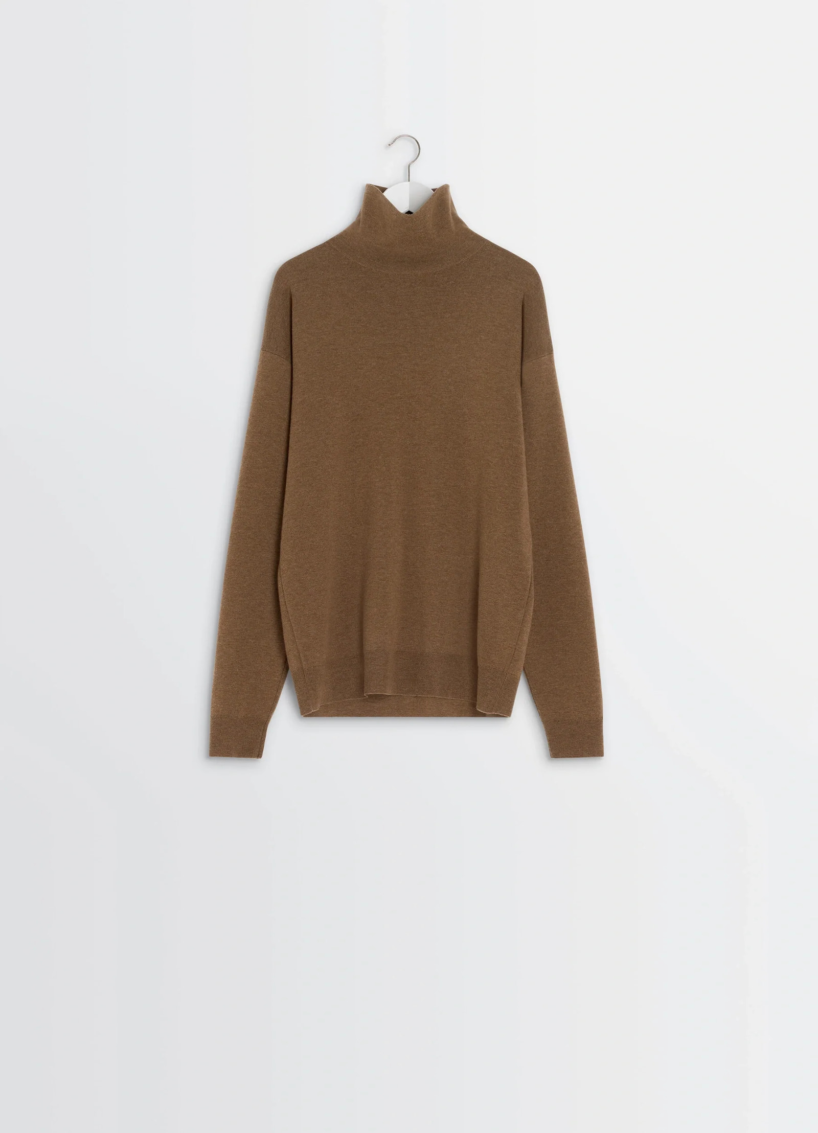 Lemaire high neck sweater in lightly mercerized wool, product shot, hanging view drop shoulder sleeves