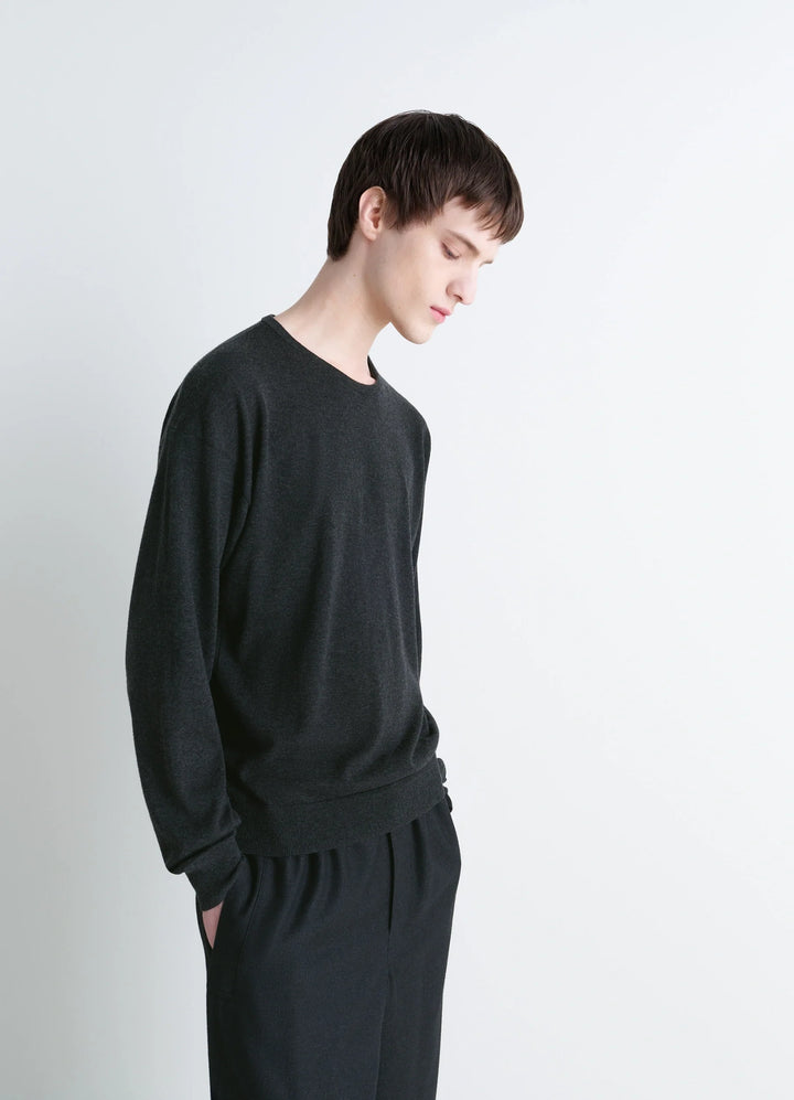 Lemaire Crew Neck Sweater in Lightly Mercerized Wool, Dark Gray, model shot, Side view Relaxed fit