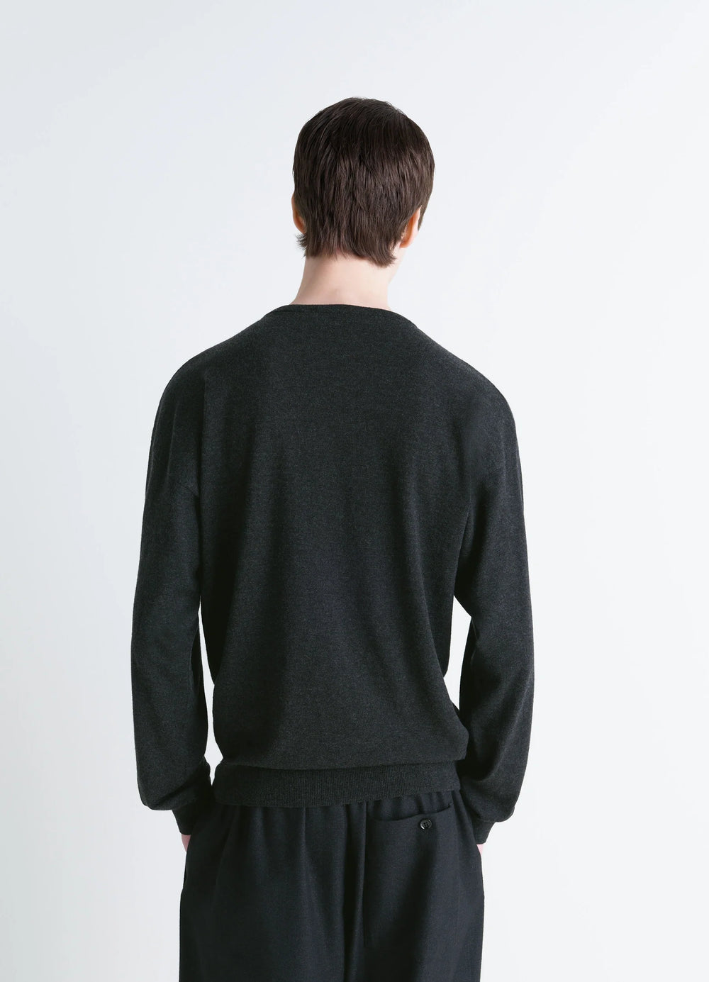 Lemaire Crew Neck Sweater in Lightly Mercerized Wool, Dark Gray, model shot, back view dropped shoulders