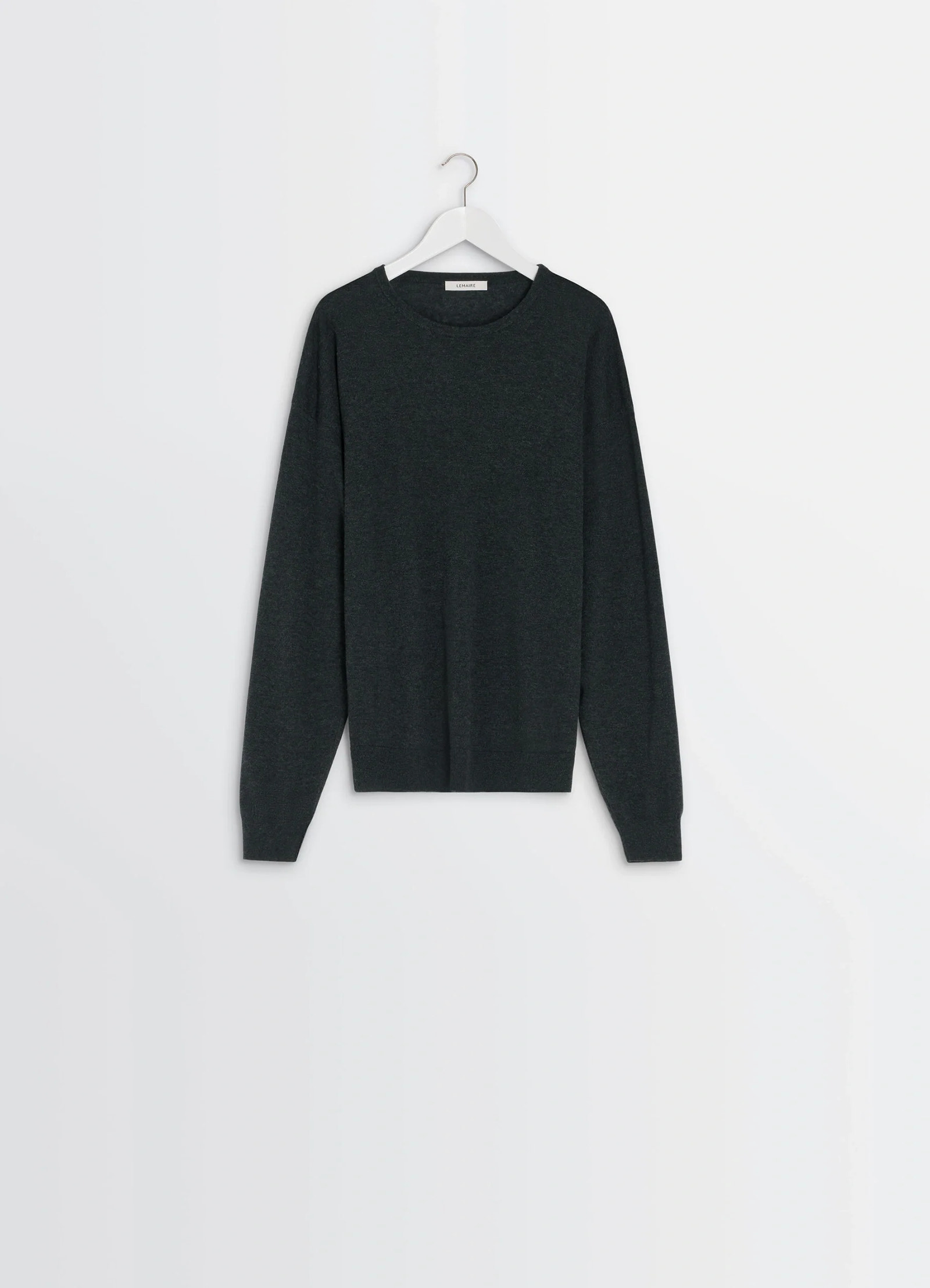 Lemaire crew neck sweater in lightly mercerized wool, dark gray, product shot, hanging view ribbed cuffs
