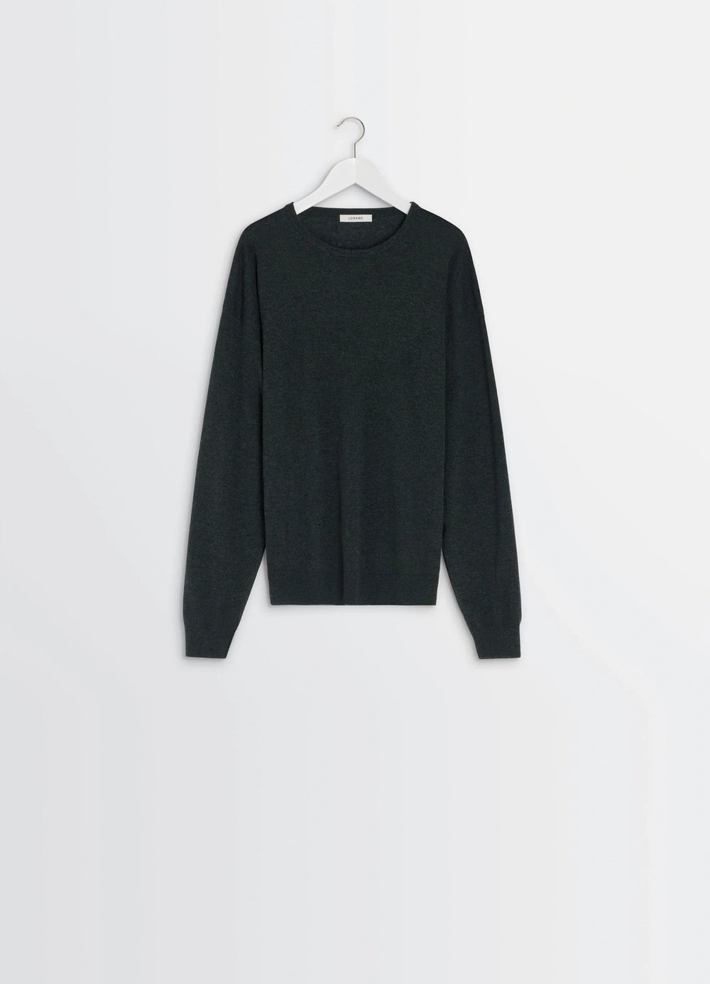 Lemaire Crew Neck Sweater in Lightly Mercerized Wool, Dark Gray, product shot, hanging view ribbed cuffs