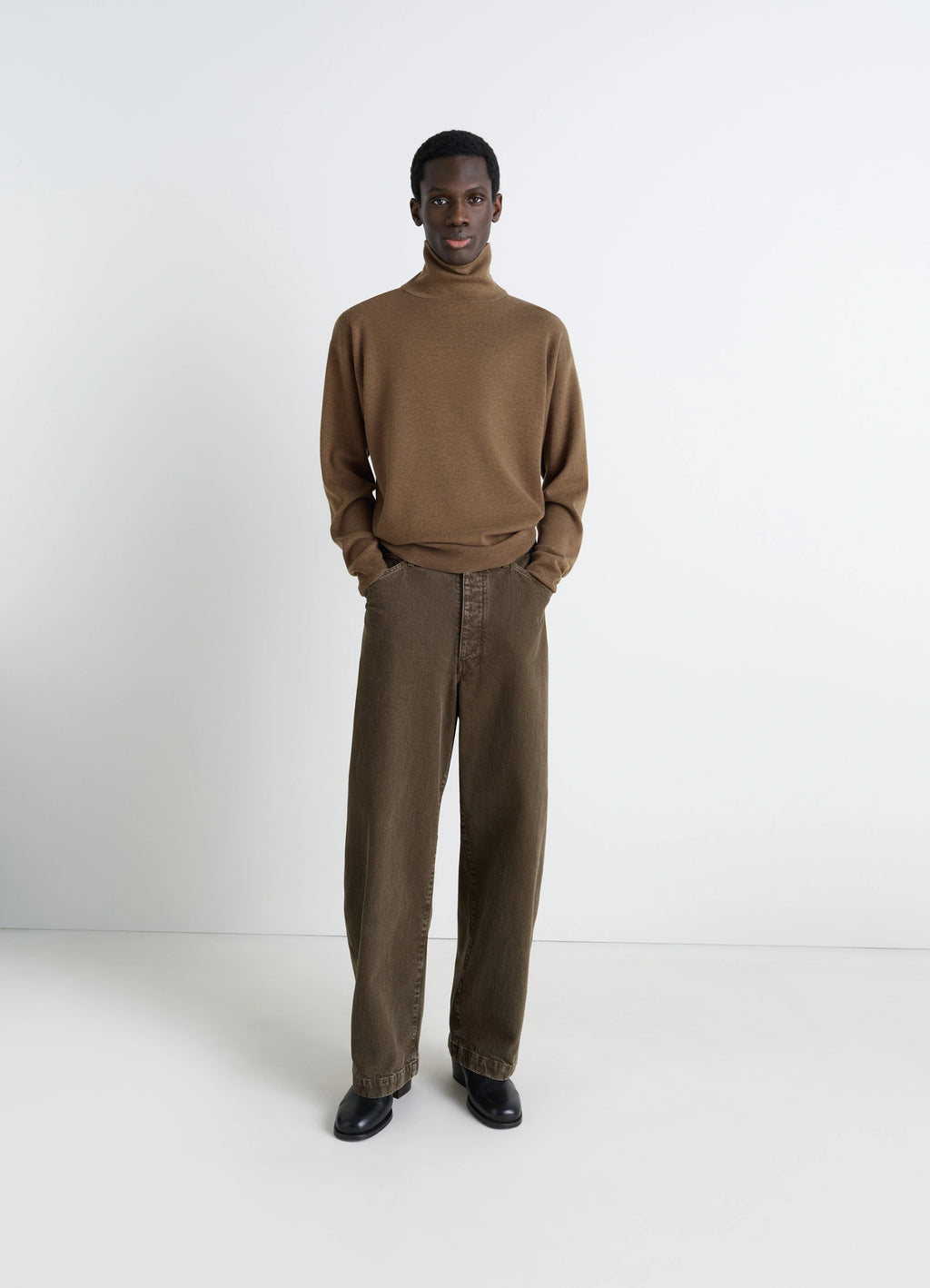 Lemaire Crew Neck Sweater in Lightly Mercerized Wool, model shot, three-quarter view relaxed fit