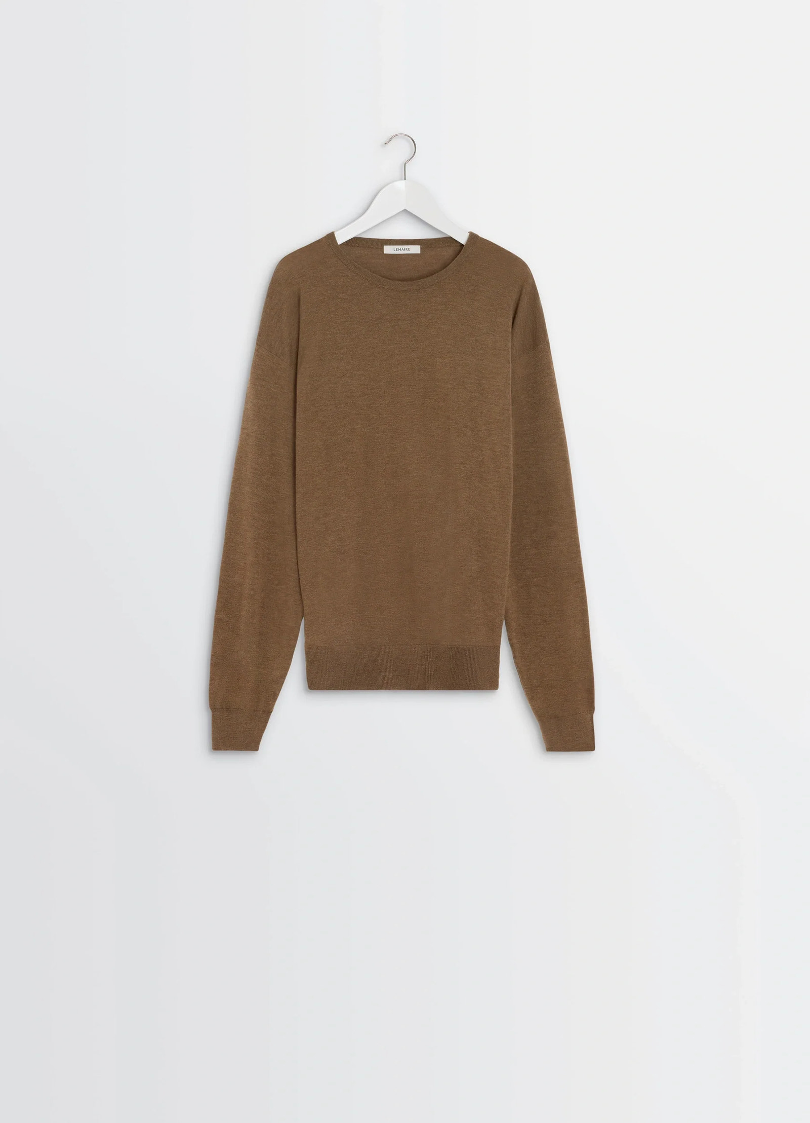 Lemaire crew neck sweater in lightly mercerized wool, product shot, hanger view long sleeves