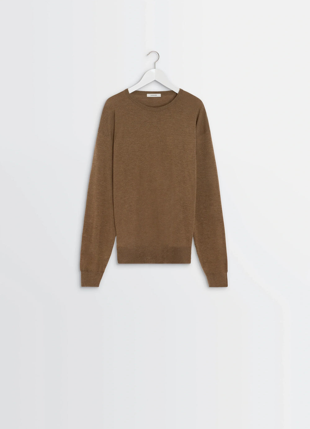 Lemaire Crew Neck Sweater in Lightly Mercerized Wool, product shot, hanger view long sleeves