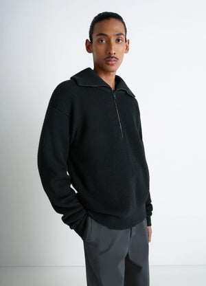 Half Zip Sweater in Ribbed Virgin Wool, model shot, Front view Boxy fit