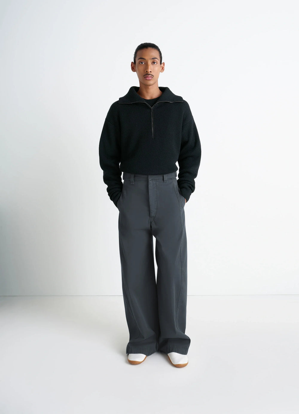 Half Zip Sweater in Ribbed Virgin Wool, model shot, full front view ribbed texture