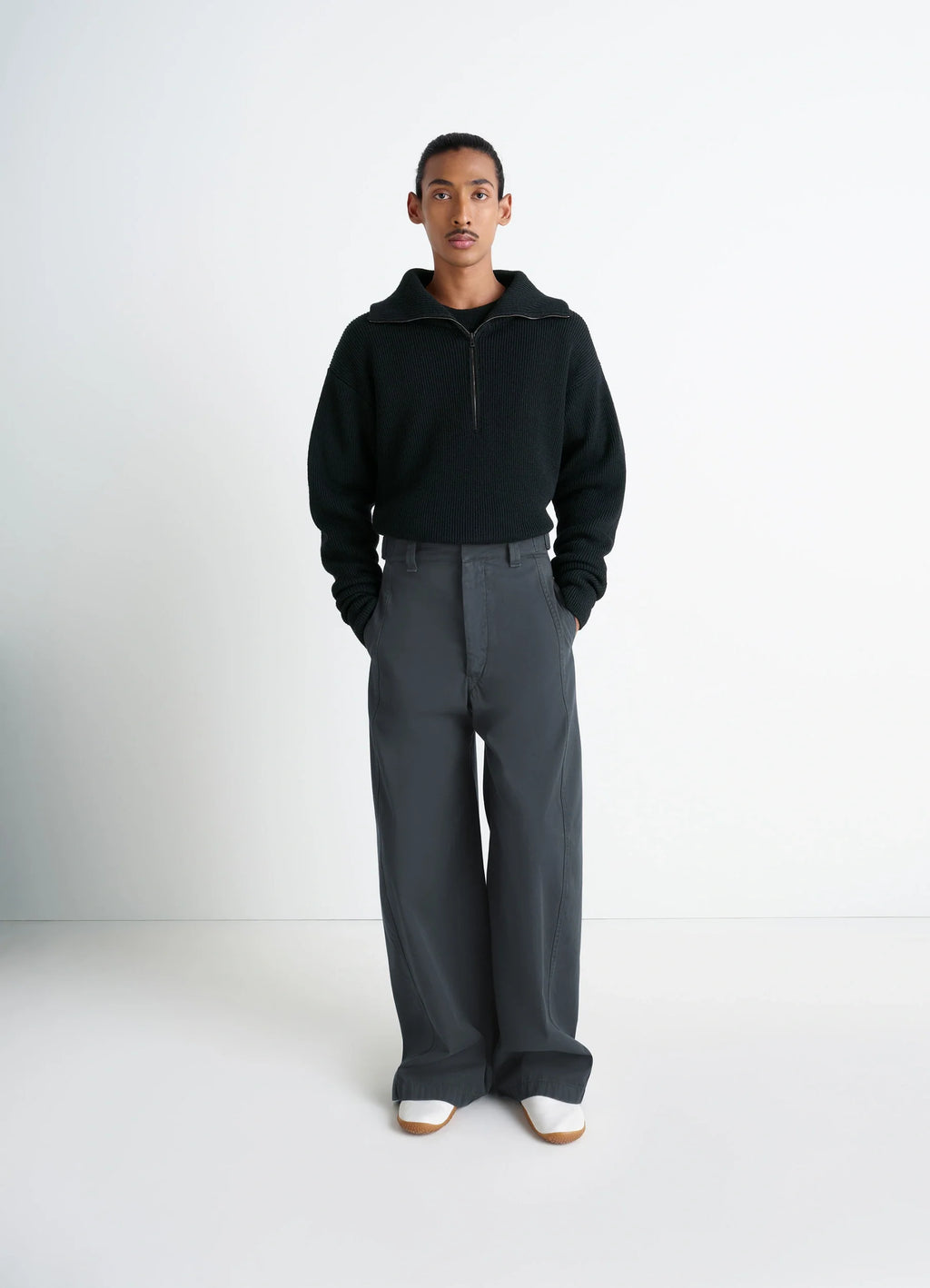 Half Zip Sweater in Ribbed Virgin Wool, model shot, full front view ribbed texture