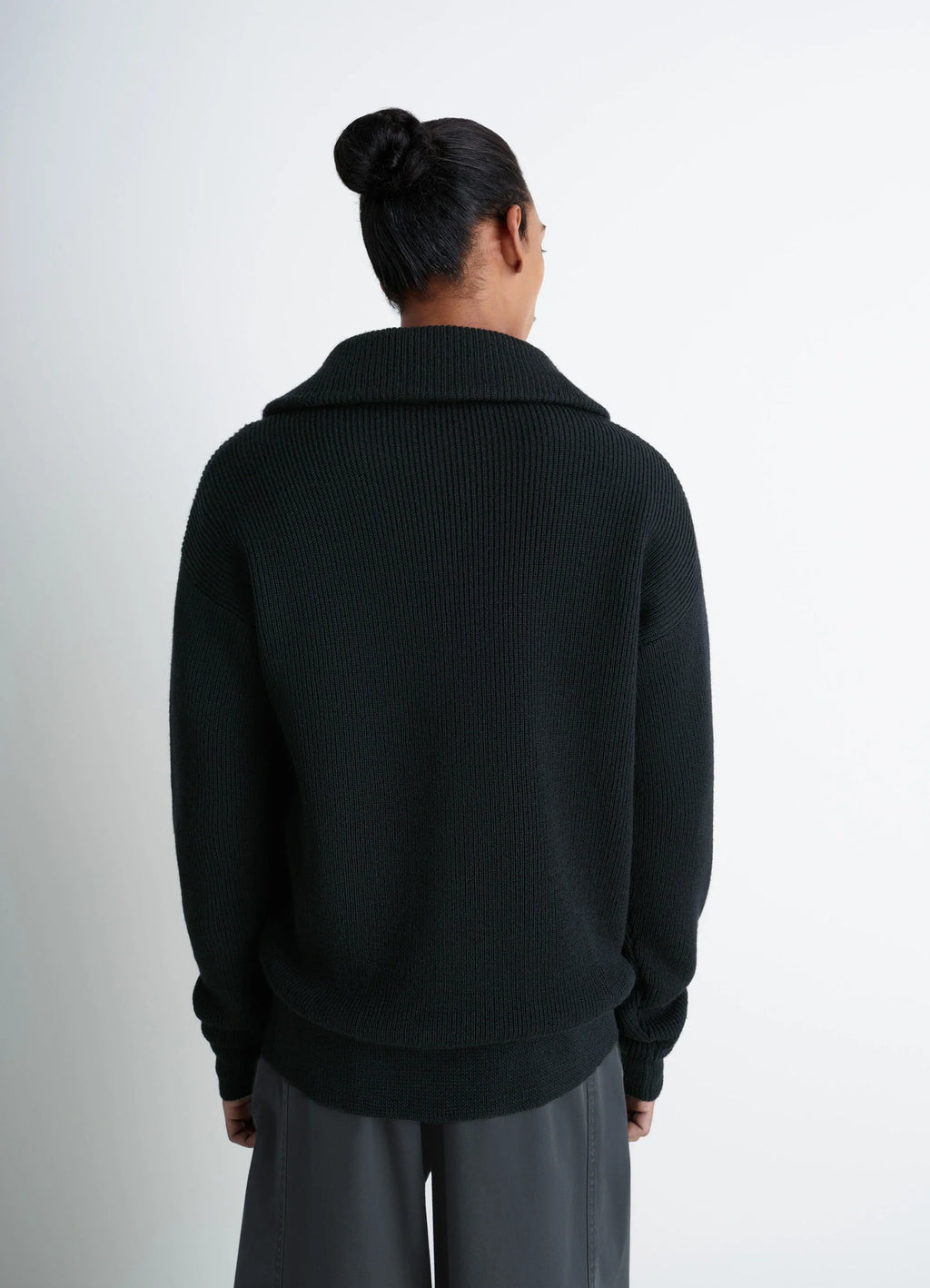 Half Zip Sweater in Ribbed Virgin Wool, model shot, back view dropped shoulders