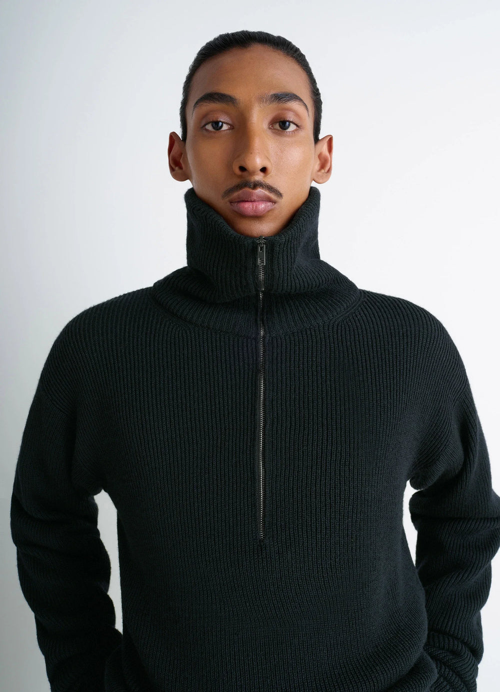 Half Zip Sweater in Ribbed Virgin Wool, model shot, close-up front view high collar detail