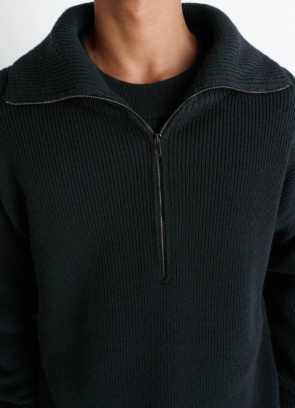 Half Zip Sweater in Ribbed Virgin Wool, model shot, close-up collar view folded collar, zipper opened