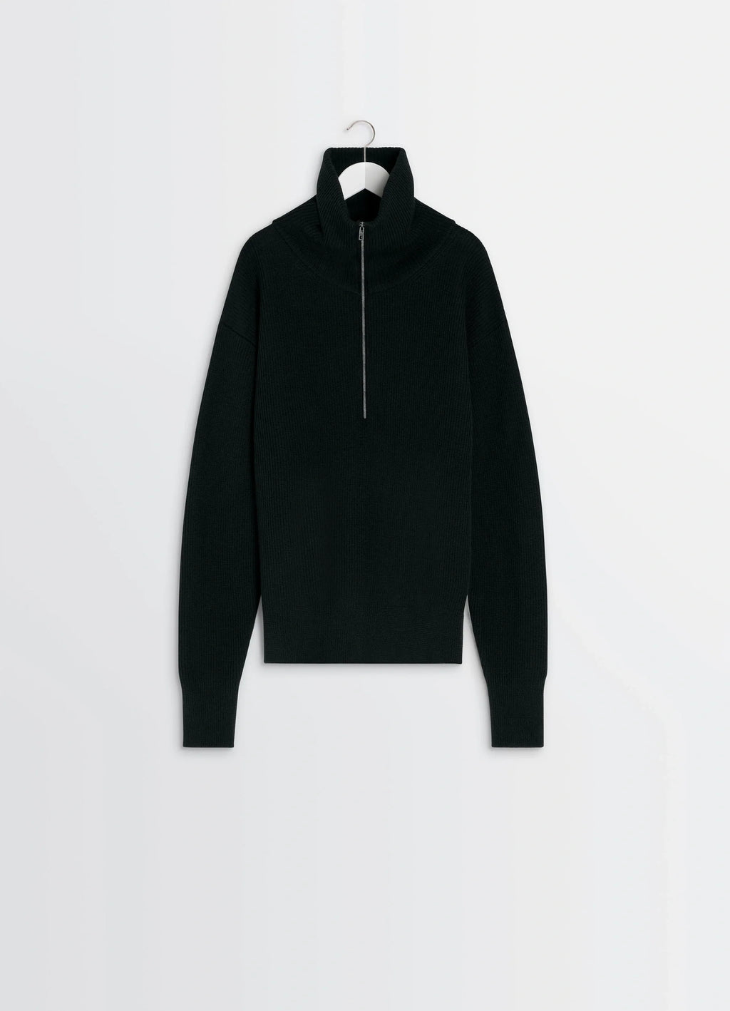 Half Zip Sweater in Ribbed Virgin Wool, product shot, side angle hanging view