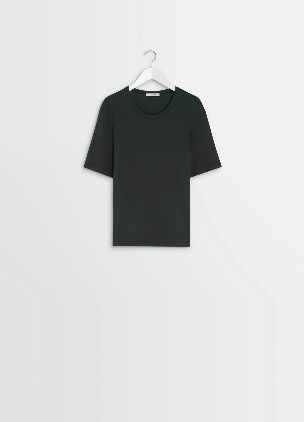 Lemaire Rib T-Shirt in Black Cotton Jersey, product shot, hanging view minimalist cut