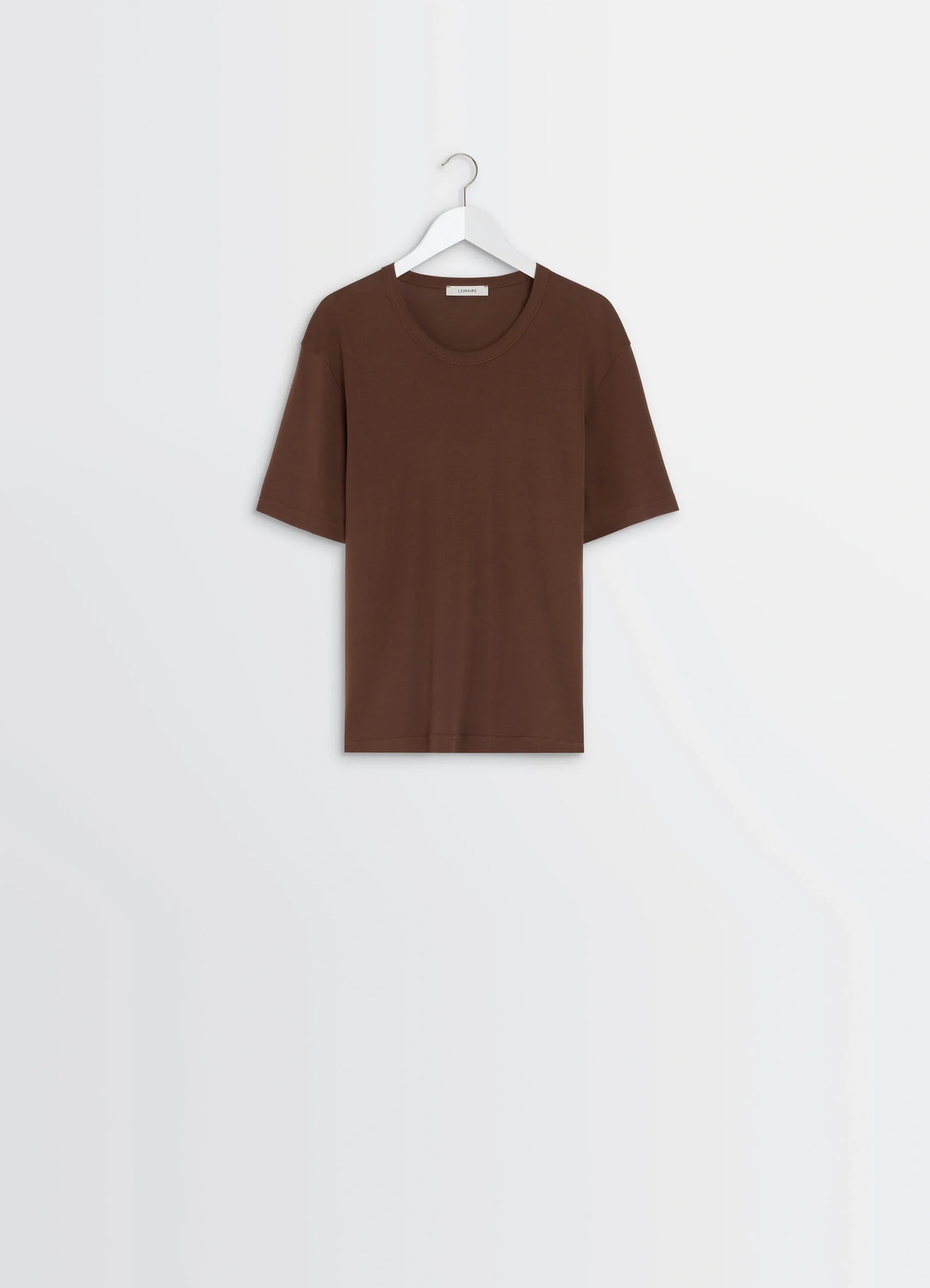 Lemaire rib t-shirt in brown cotton jersey, product shot, back view short sleeves