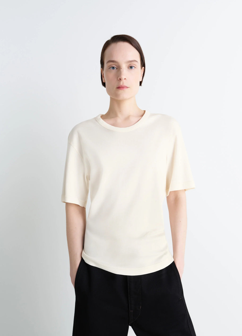 Lemaire Rib T-Shirt in Flowing Cotton Jersey, model shot, Front view Short-sleeved classic