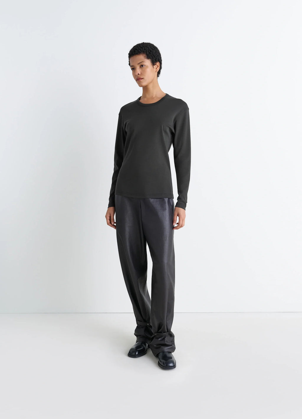 Lemaire Rib Long Sleeve Top in Flowing Cotton Jersey, model shot, three-quarter view textured ribbing