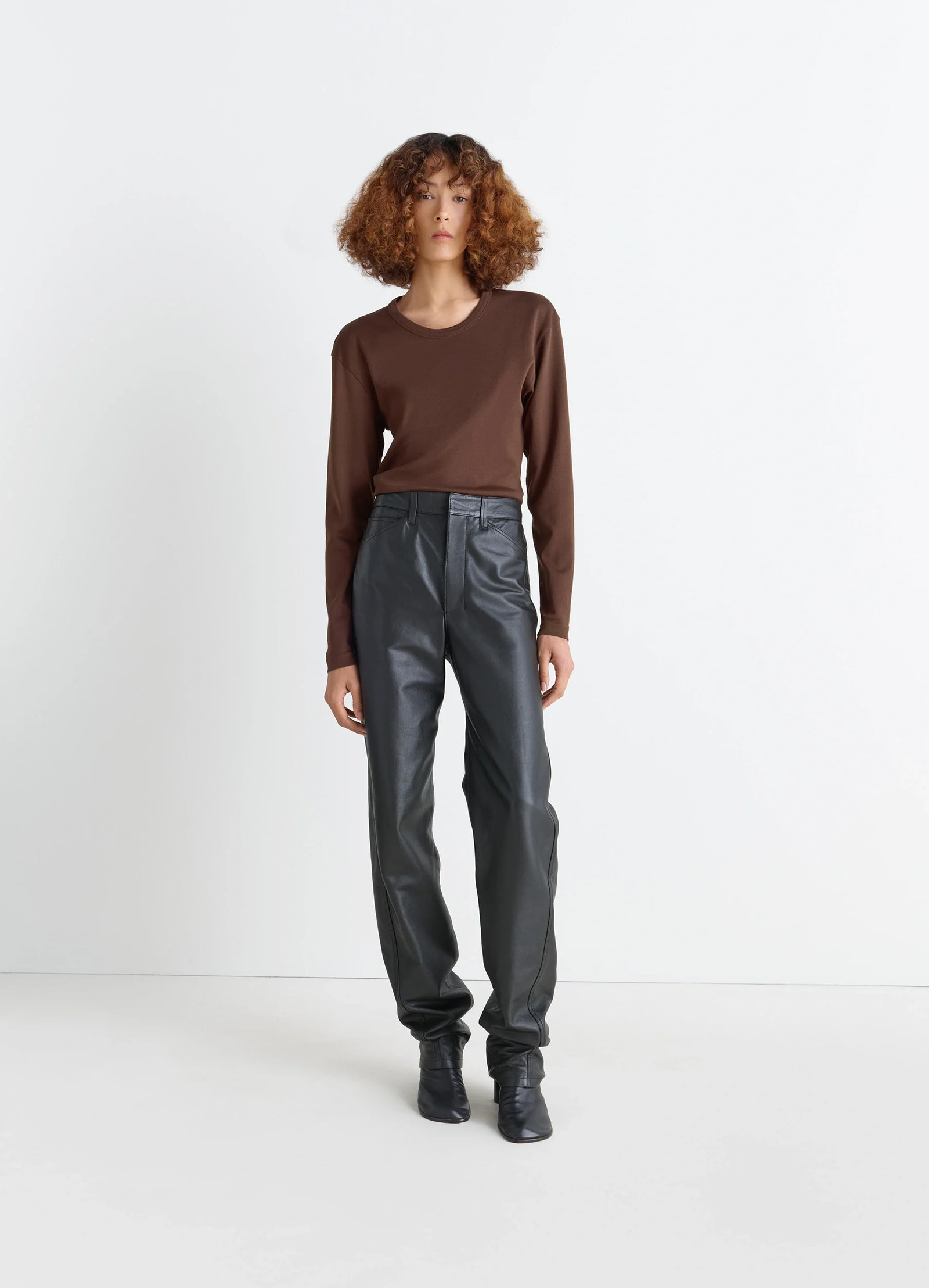 Lemaire rib long sleeve top in brown flowing cotton jersey, model shot, full body view round neck style