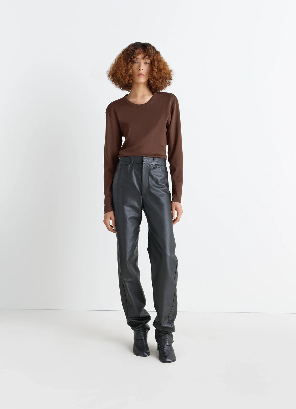 Lemaire Rib Long Sleeve Top in Brown Flowing Cotton Jersey, model shot, full body view round neck style