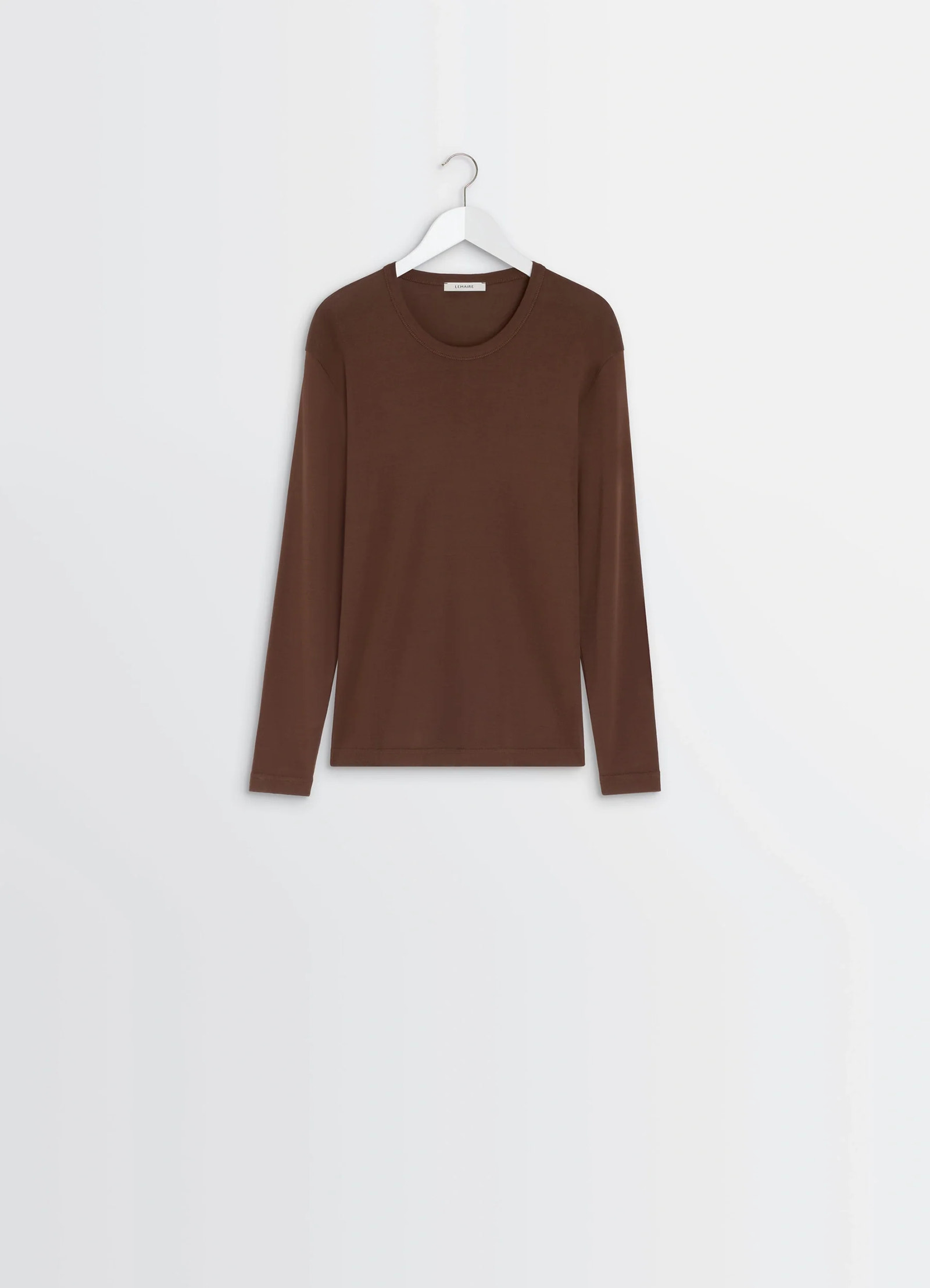 Lemaire rib long sleeve top in brown flowing cotton jersey, product shot, front hanging view straight hem, rib texture