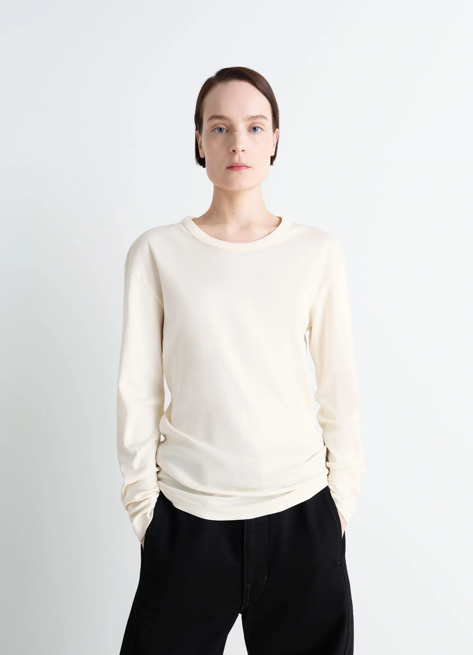 Lemaire rib long sleeve top in flowing cotton jersey, model shot, front view fitted cut