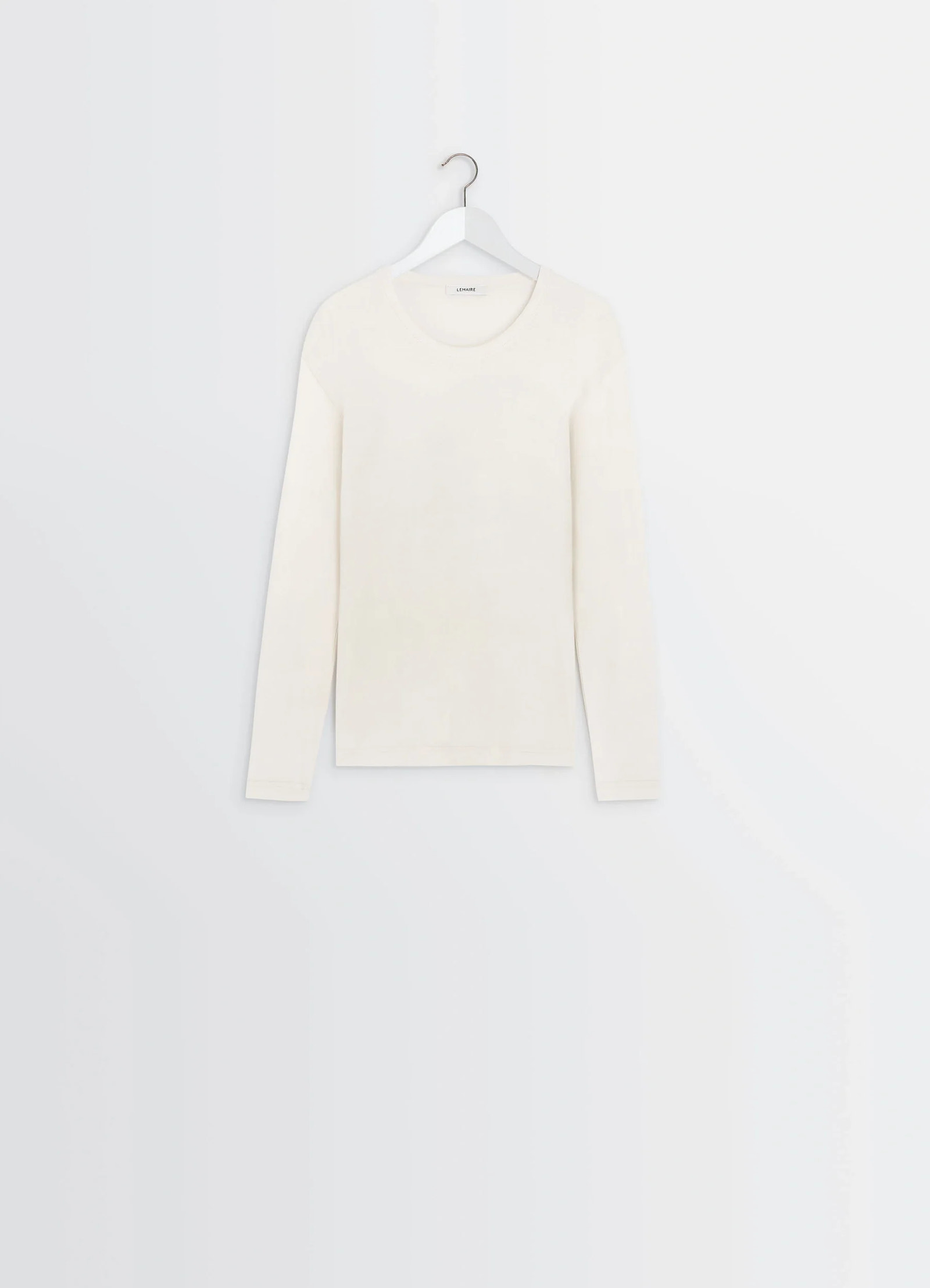 Lemaire rib long sleeve top in flowing cotton jersey, product shot, back view hanging display