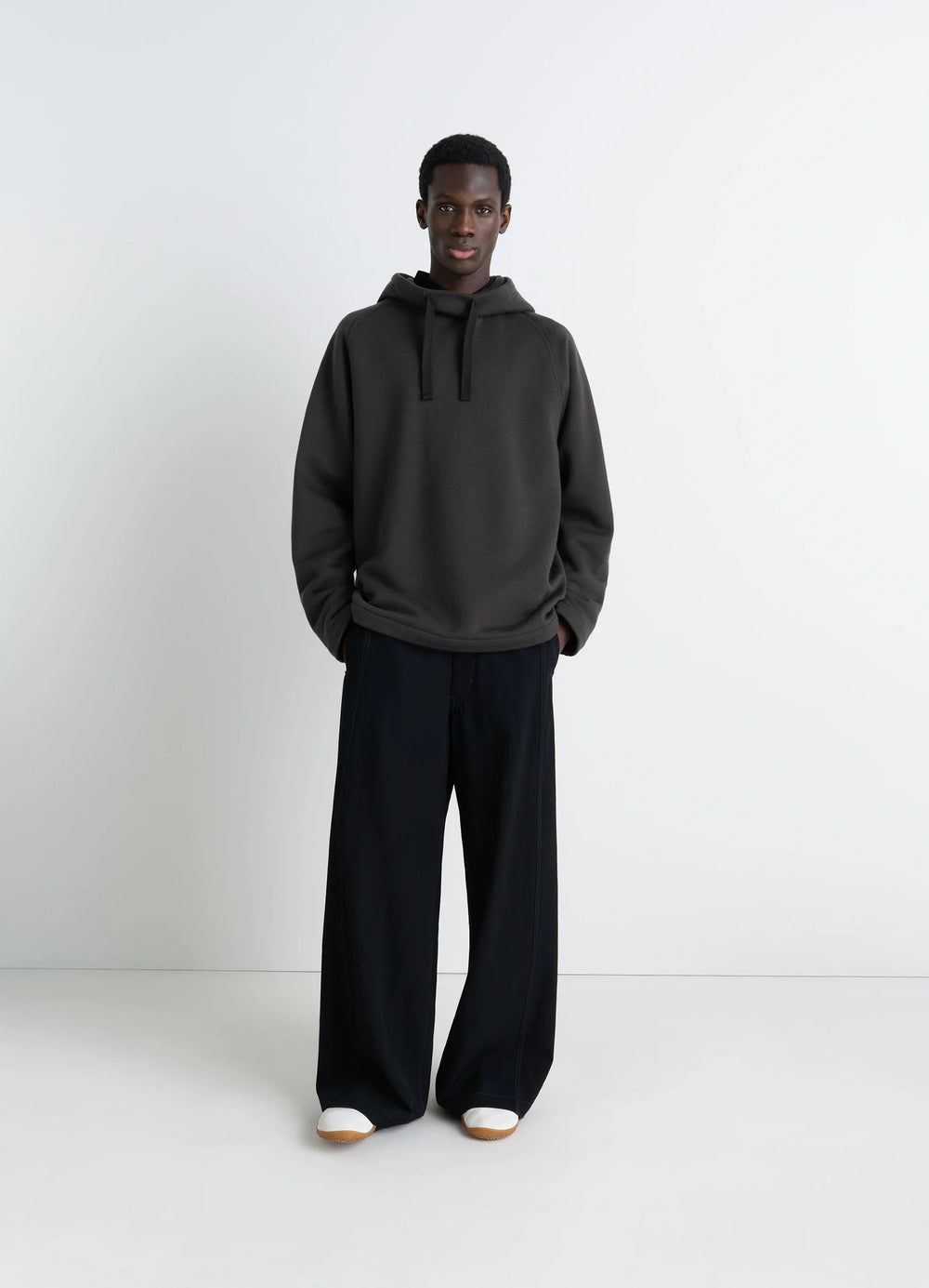 Lemaire Hooded Sweatshirt in Wool Cotton Blend, model shot, Front view Relaxed fit, brushed interior
