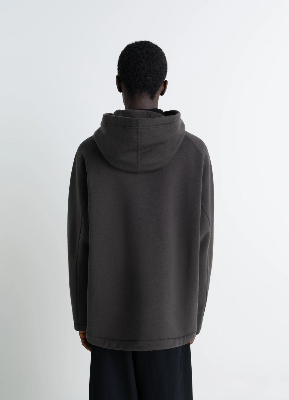 Lemaire Hooded Sweatshirt in Wool Cotton Blend, model shot, back view straight hem cut