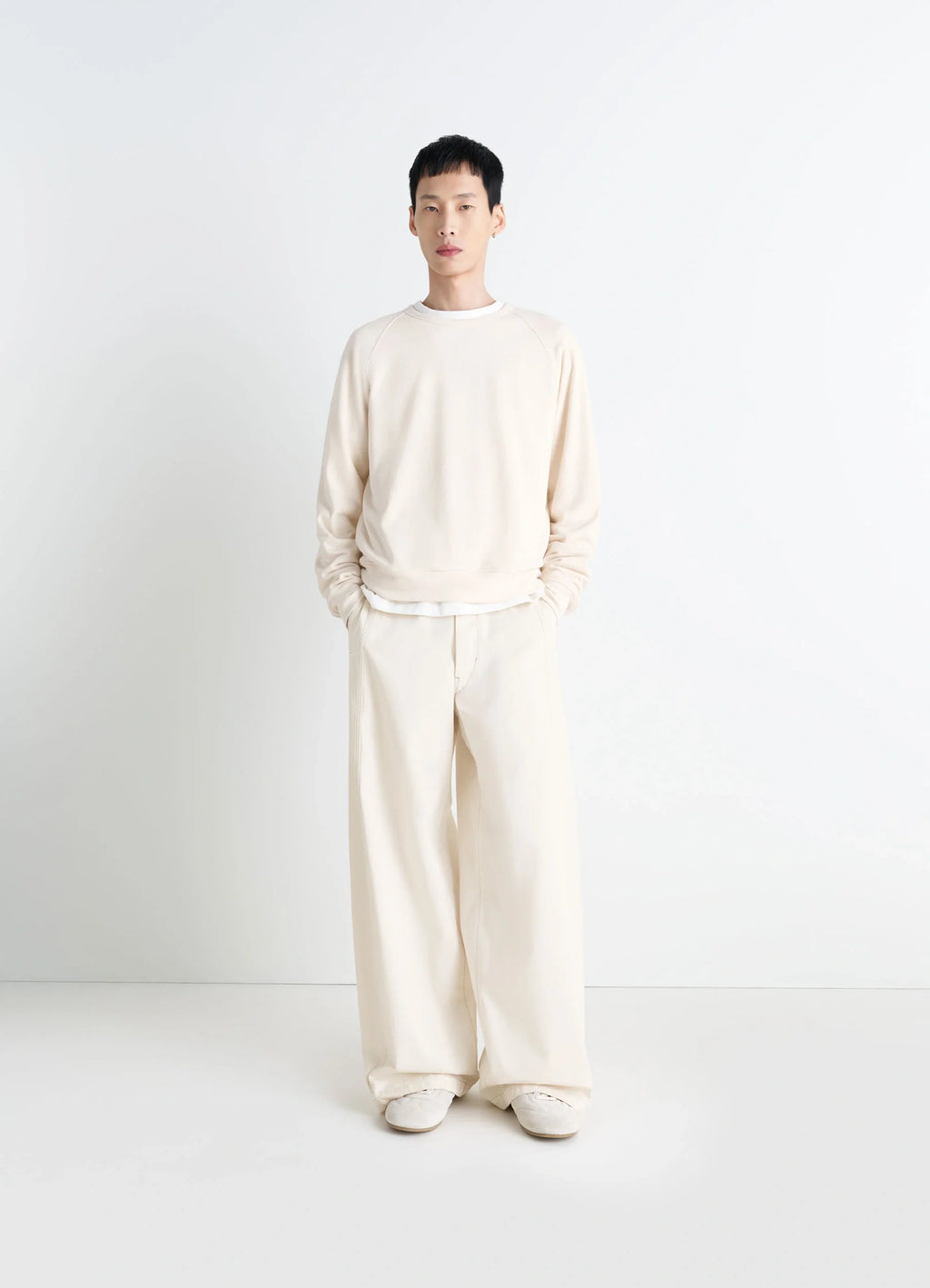 Lemaire Crew Neck Sweatshirt in Cotton Wool Blend Beige, model shot, front view ribbed cuffs and hem