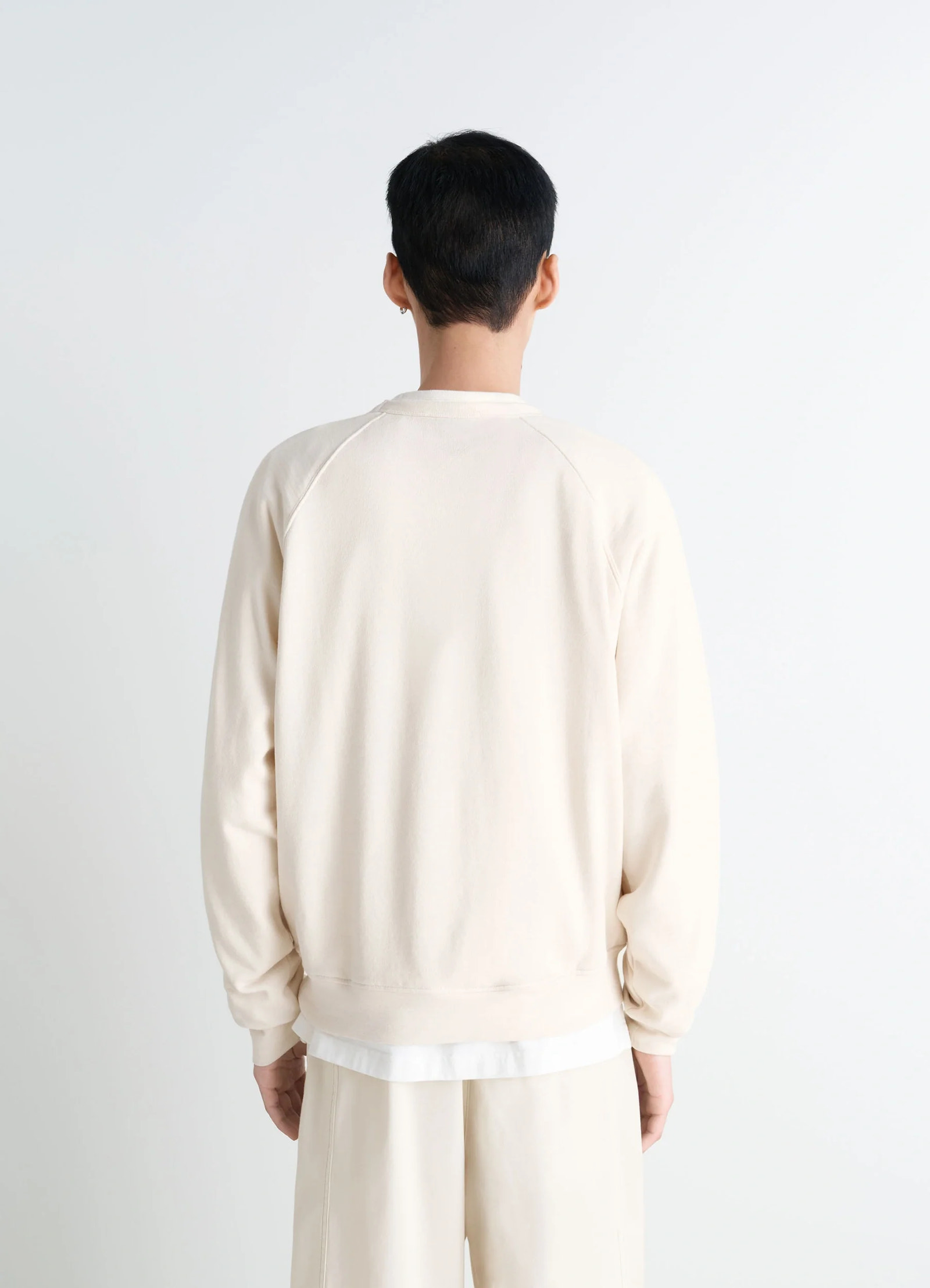 Lemaire crew neck sweatshirt in cotton wool blend beige, model shot, back view raglan sleeves