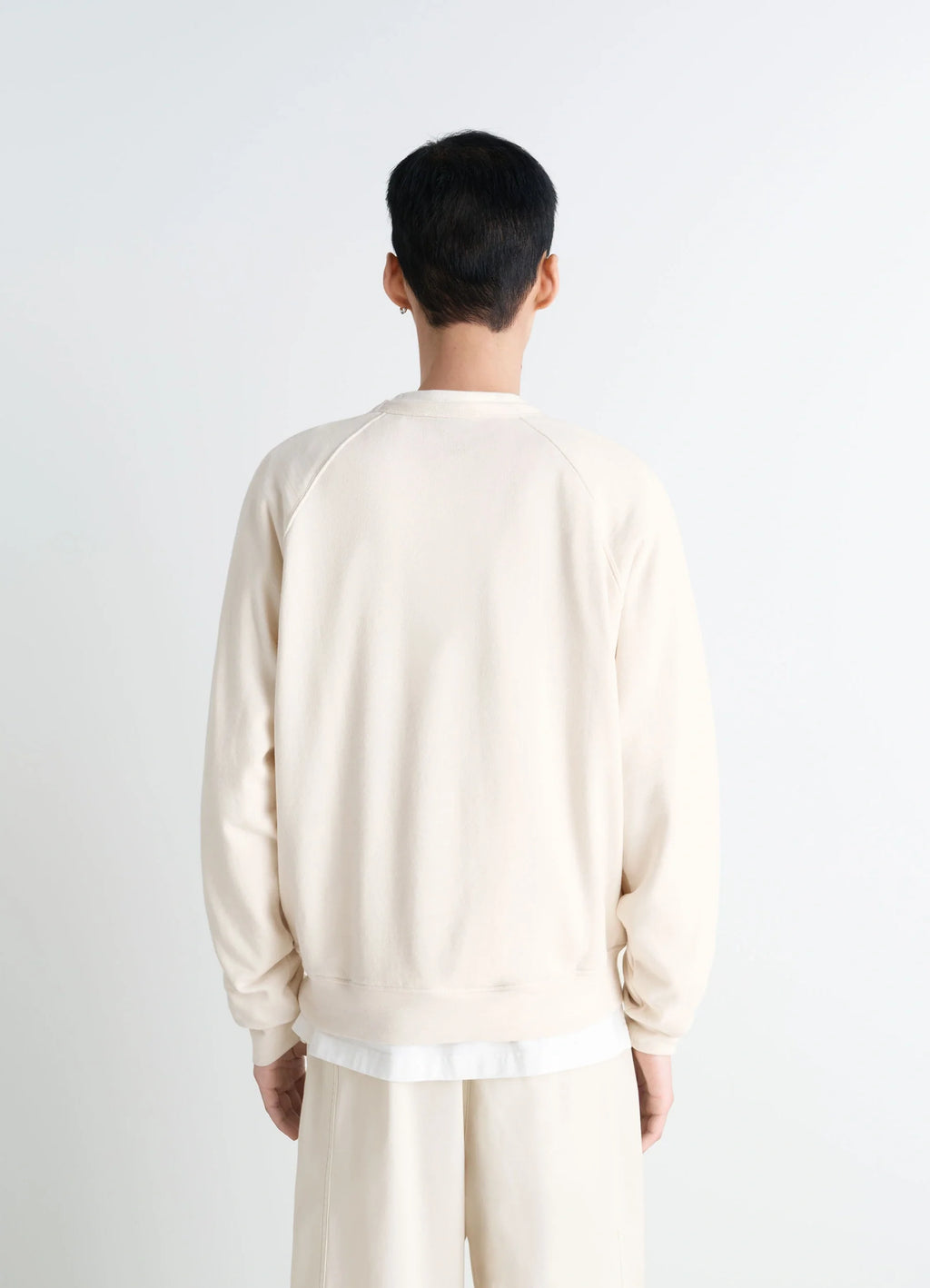 Lemaire Crew Neck Sweatshirt in Cotton Wool Blend Beige, model shot, back view raglan sleeves