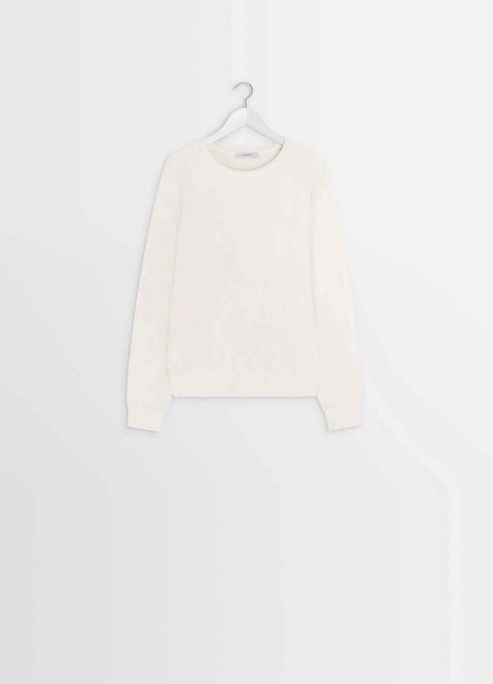 Lemaire Crew Neck Sweatshirt in Cotton Wool Blend Beige, product shot, hanging view raglan sleeve seams