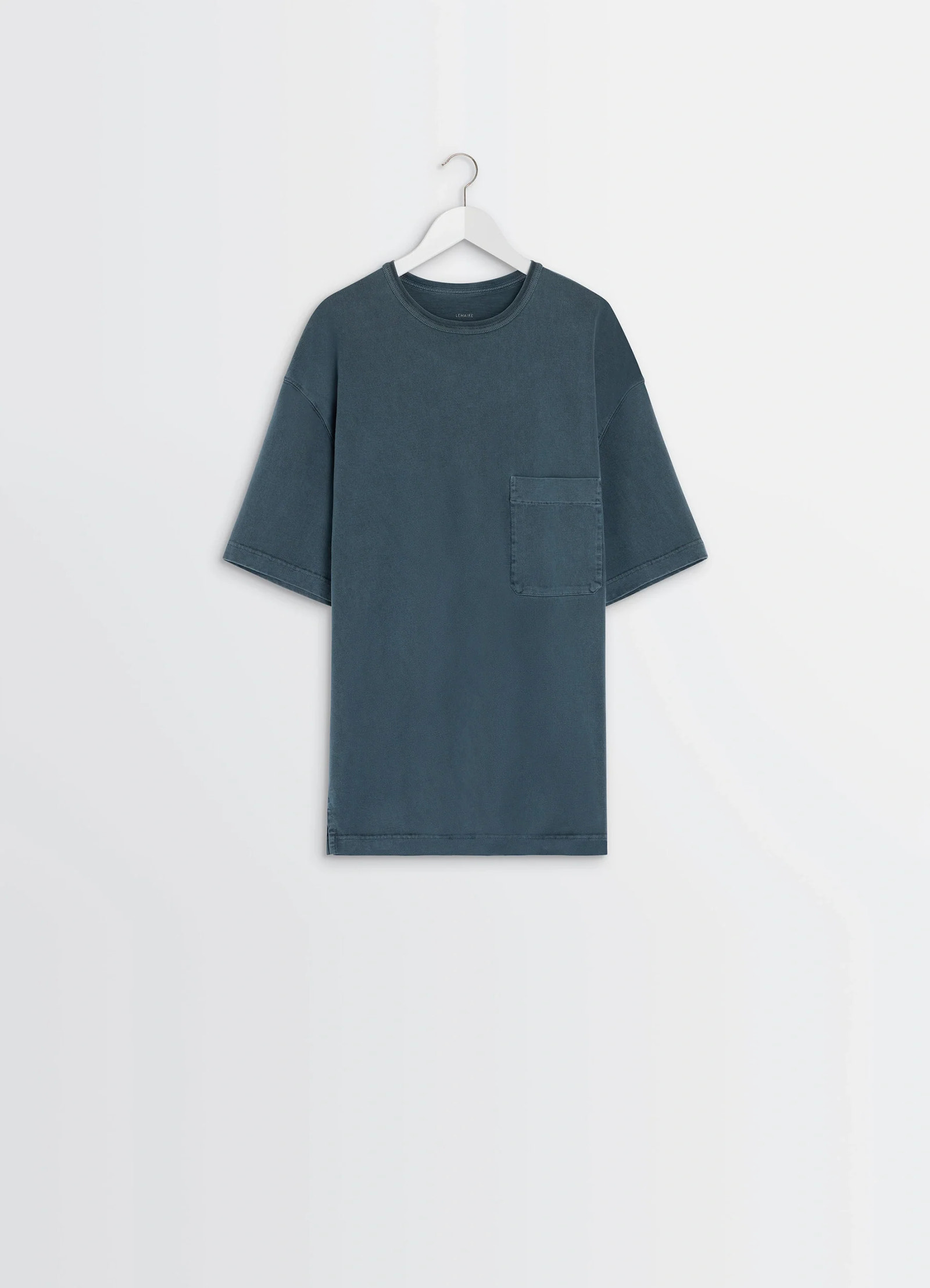 Lemaire short sleeve t-shirt in garment dyed cotton, product shot, hanger view boxy silhouette visible