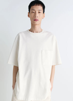 Lemaire Short Sleeve T-Shirt in Heather Garment Dyed Cotton, model shot, front view loose fit with pocket