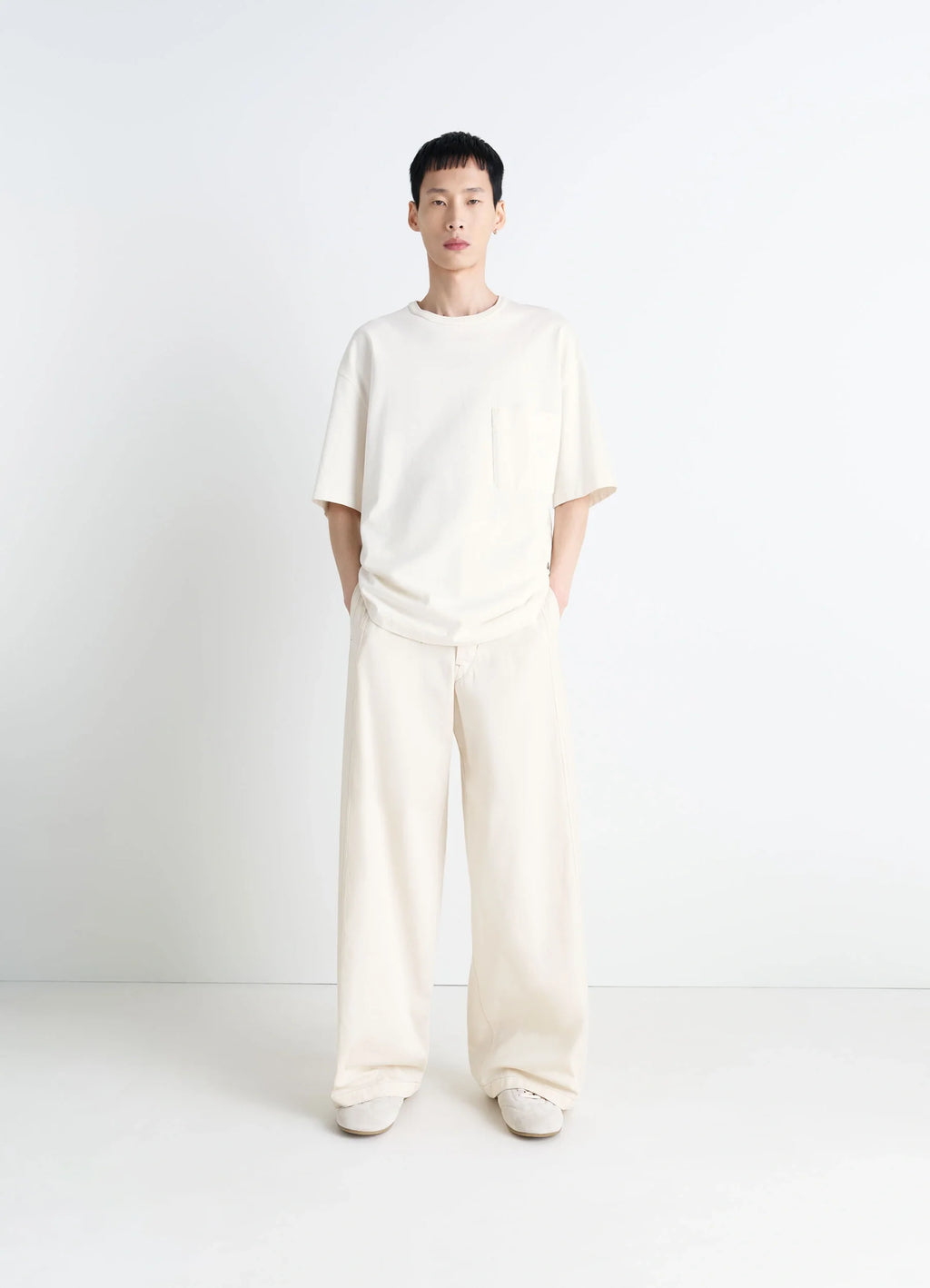 Lemaire Short Sleeve T-Shirt in Heather Garment Dyed Cotton, model shot, full front view straight fit with drop shoulders