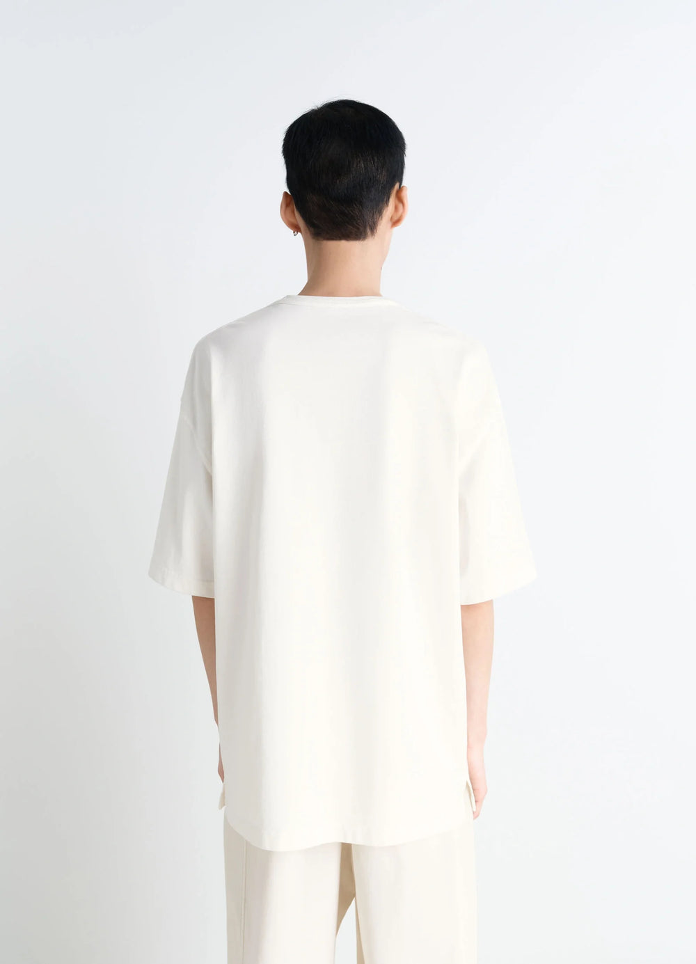 Lemaire Short Sleeve T-Shirt in Heather Garment Dyed Cotton, model shot, back view straight fit hemline