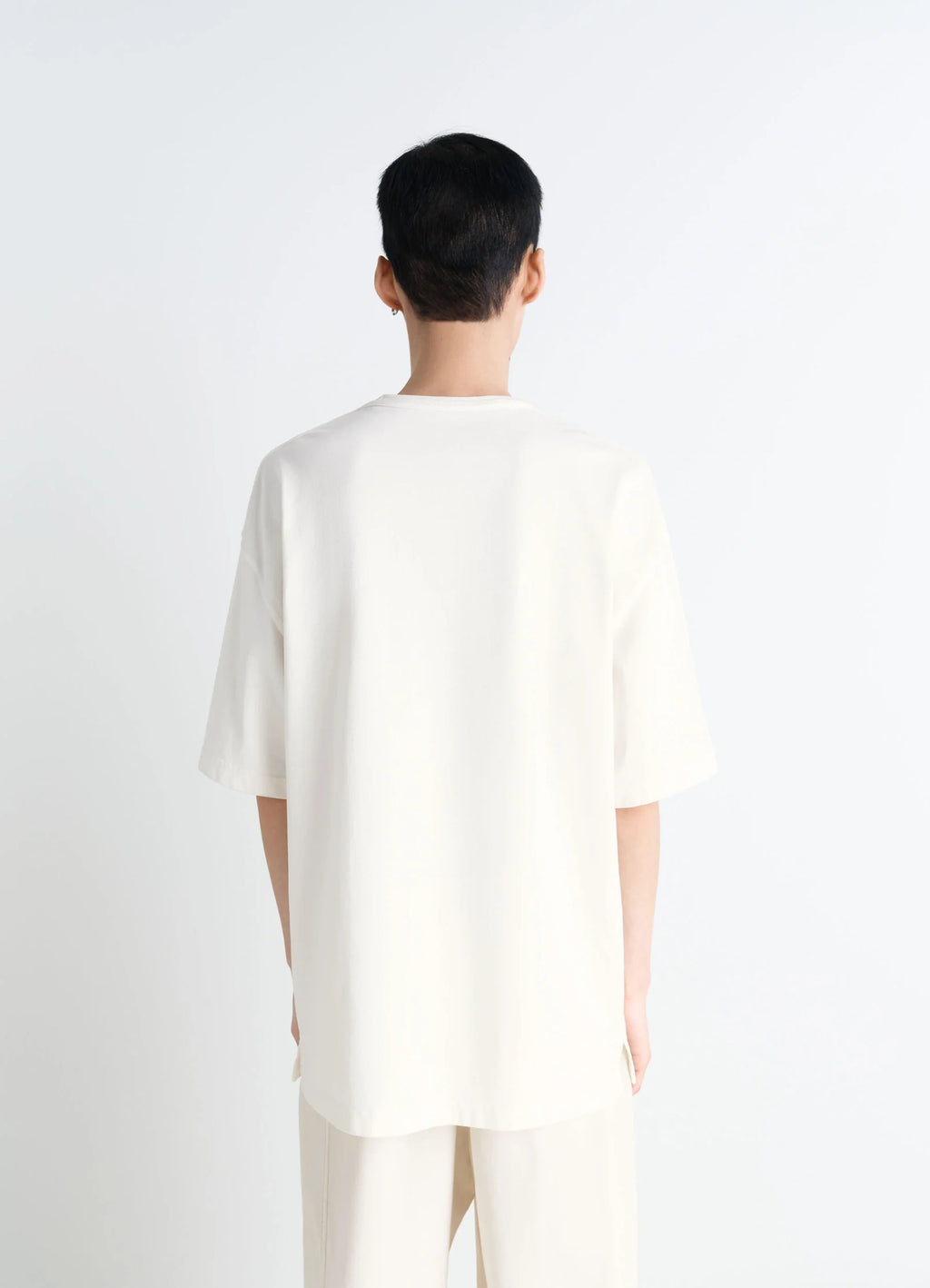 Lemaire Short Sleeve T-Shirt in Heather Garment Dyed Cotton, model shot, back view straight fit hemline