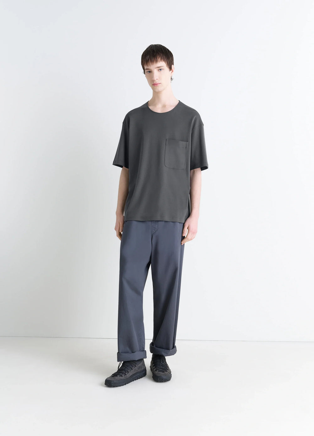 Lemaire Casual Short-Sleeved T-Shir in Cotton and Silk-Blend Interlock Jer, model shot, full body view chest pocket, straight