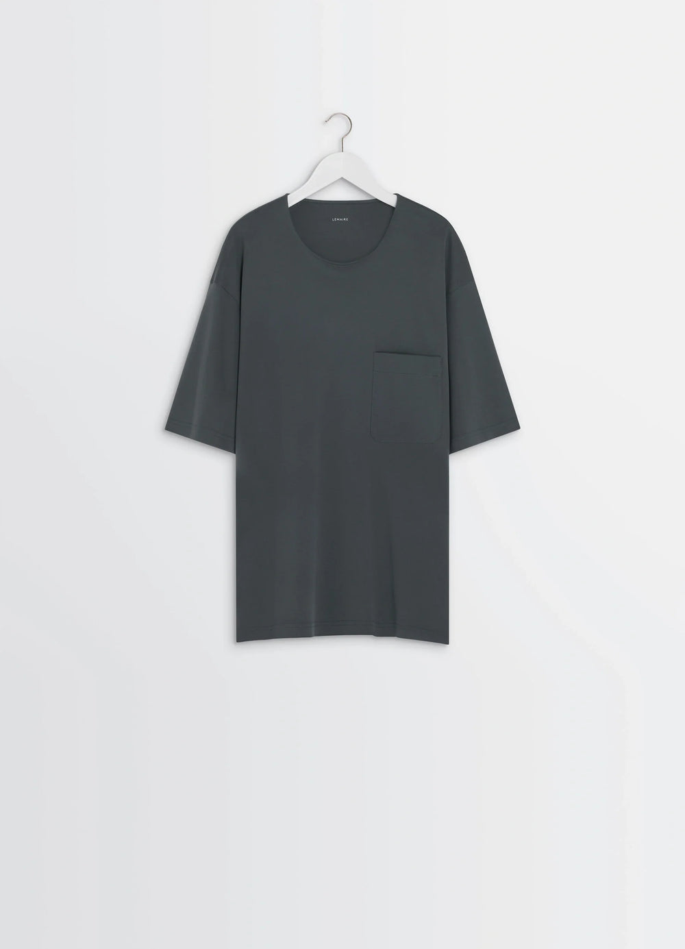 Lemaire Casual Short-Sleeved T-Shir in Cotton and Silk-Blend Interlock Jer, product shot, hanging front vie oversized chest p