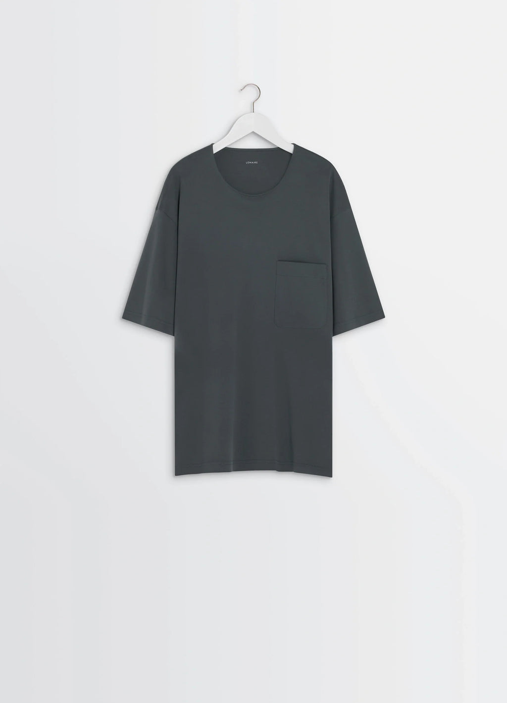 Lemaire Casual Short-Sleeved T-Shir in Cotton and Silk-Blend Interlock Jer, product shot, hanging front vie oversized chest p