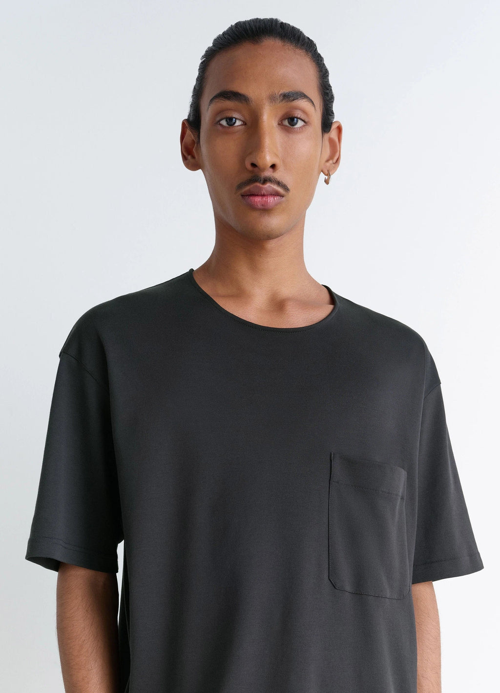 Lemaire Casual Short-Sleeved T-Shir in Black Cotton and Silk-Blend Jersey, model shot, close-up upper body crew neck with vis
